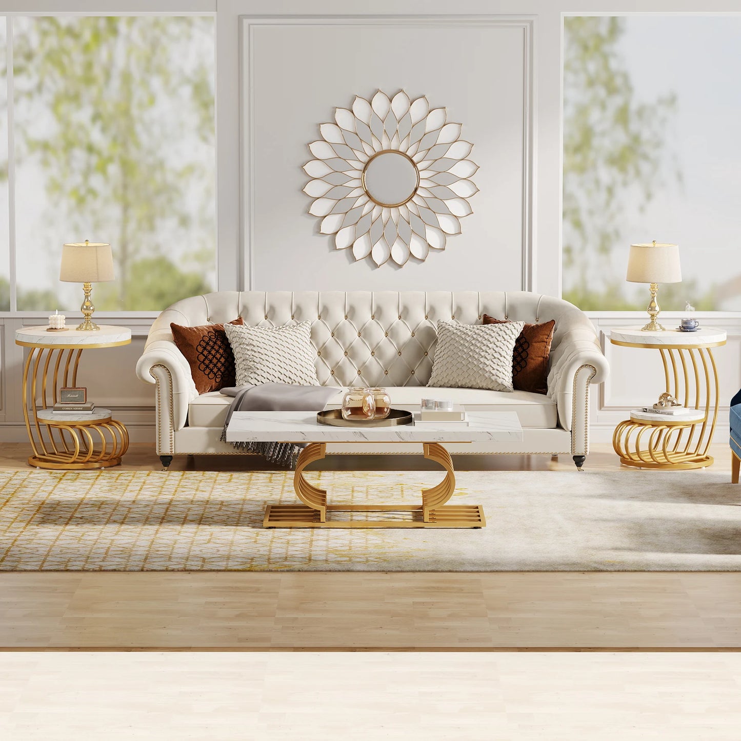 Tribesigns Round End Table With Two Tier Faux Marble Storage