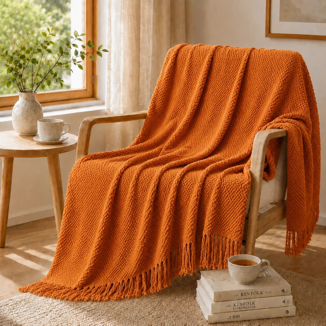 Textured Bobble Diamond Knit Throw Blanket Featuring Tassel Fringe