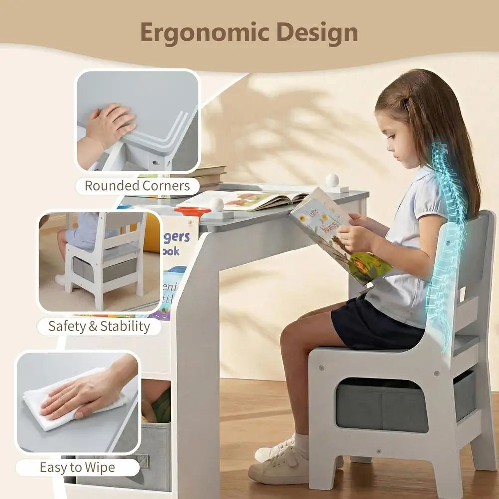 Kids Art Activity Table Set With Two Chairs Bookshelves Storage