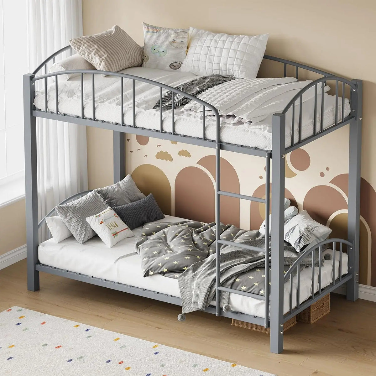 HiMISS Metal Bunk Bed Frame With Safety Ladder And Guardrails