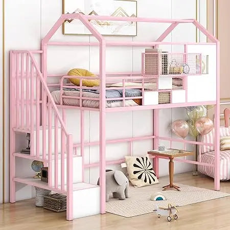DAFIFY Twin Loft Bed With Stairs And Roof Metal Frame