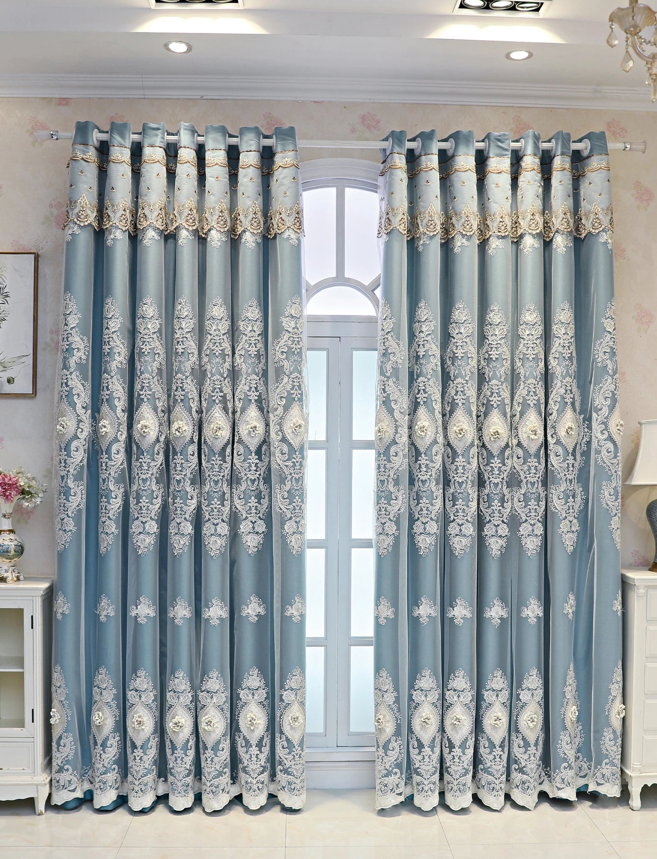 Luxury Embroidered Curtains With Dual Layer Room Darkening