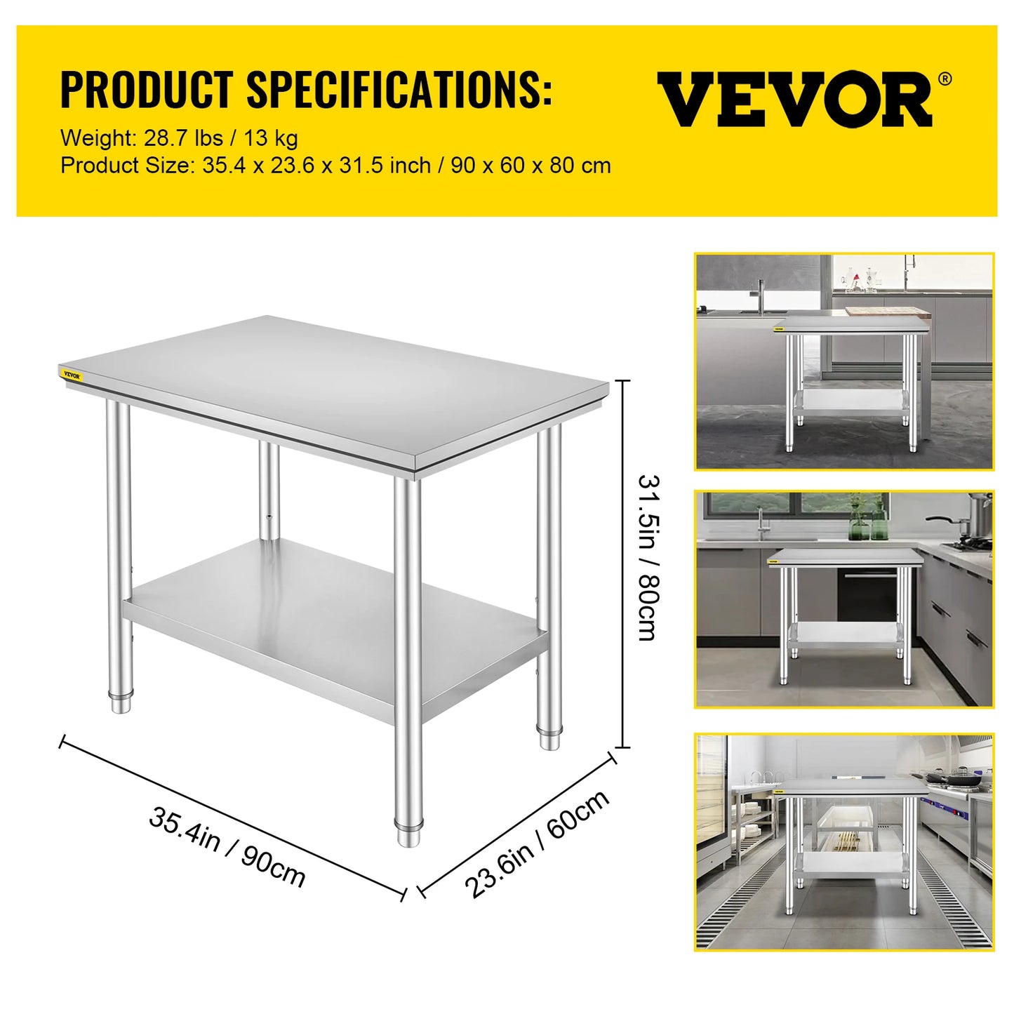 Commercial Kitchen Work Bench With Undershelf Stainless Steel 330LBS