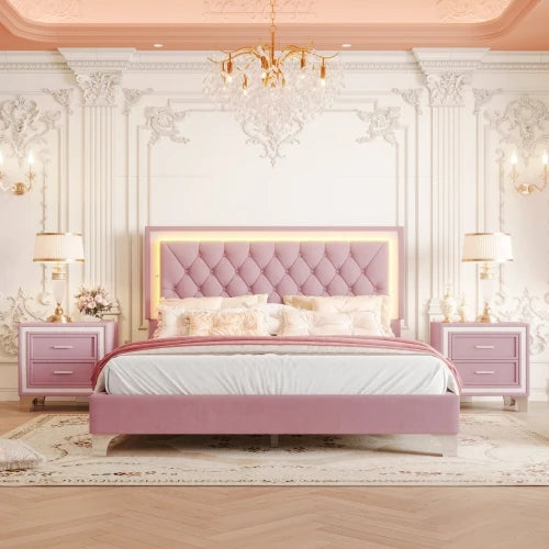 Upholstered Platform Bed With LED Lights And Nightstands