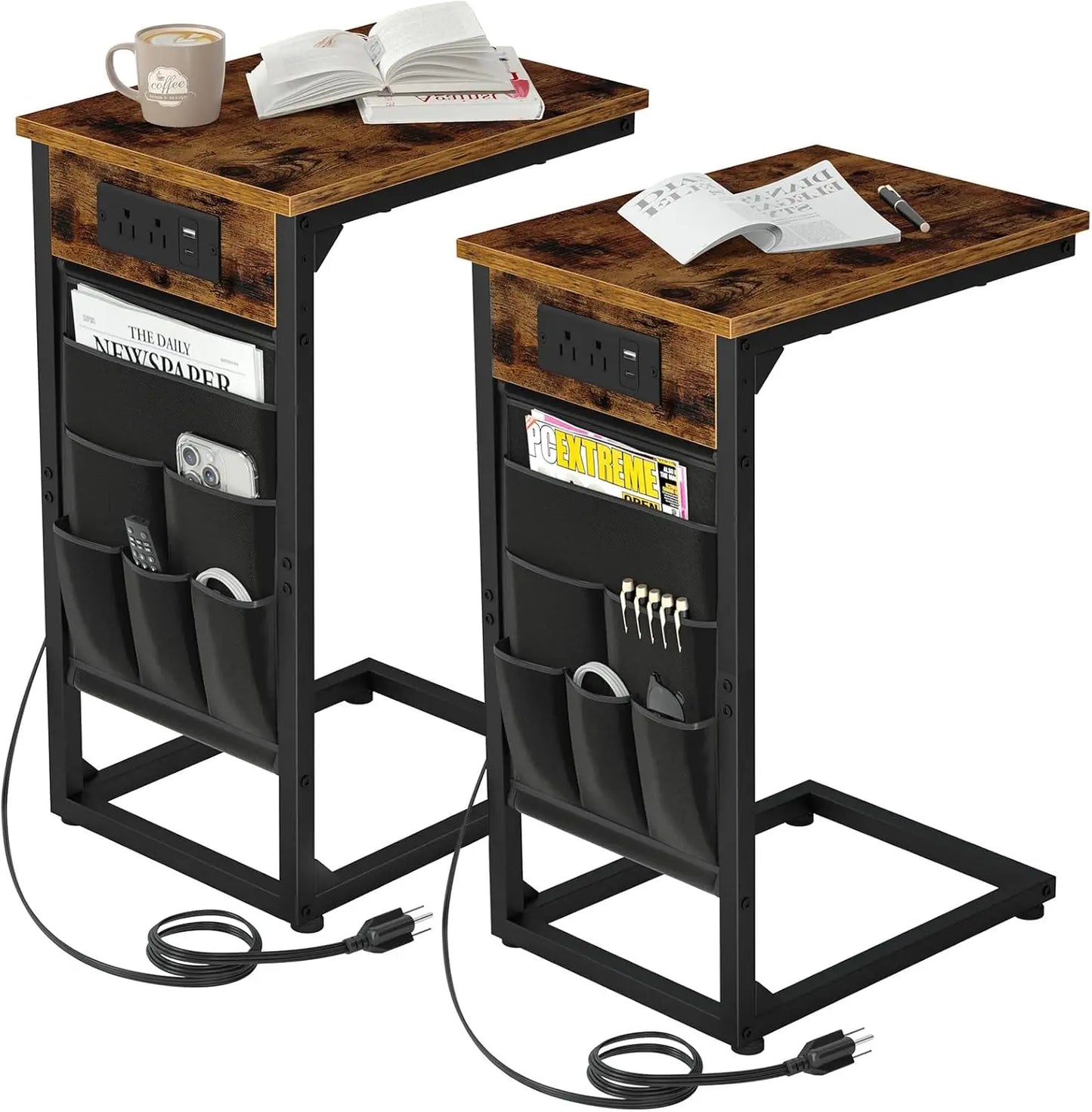 XIUWO C Shaped End Table With Charging Station Storage