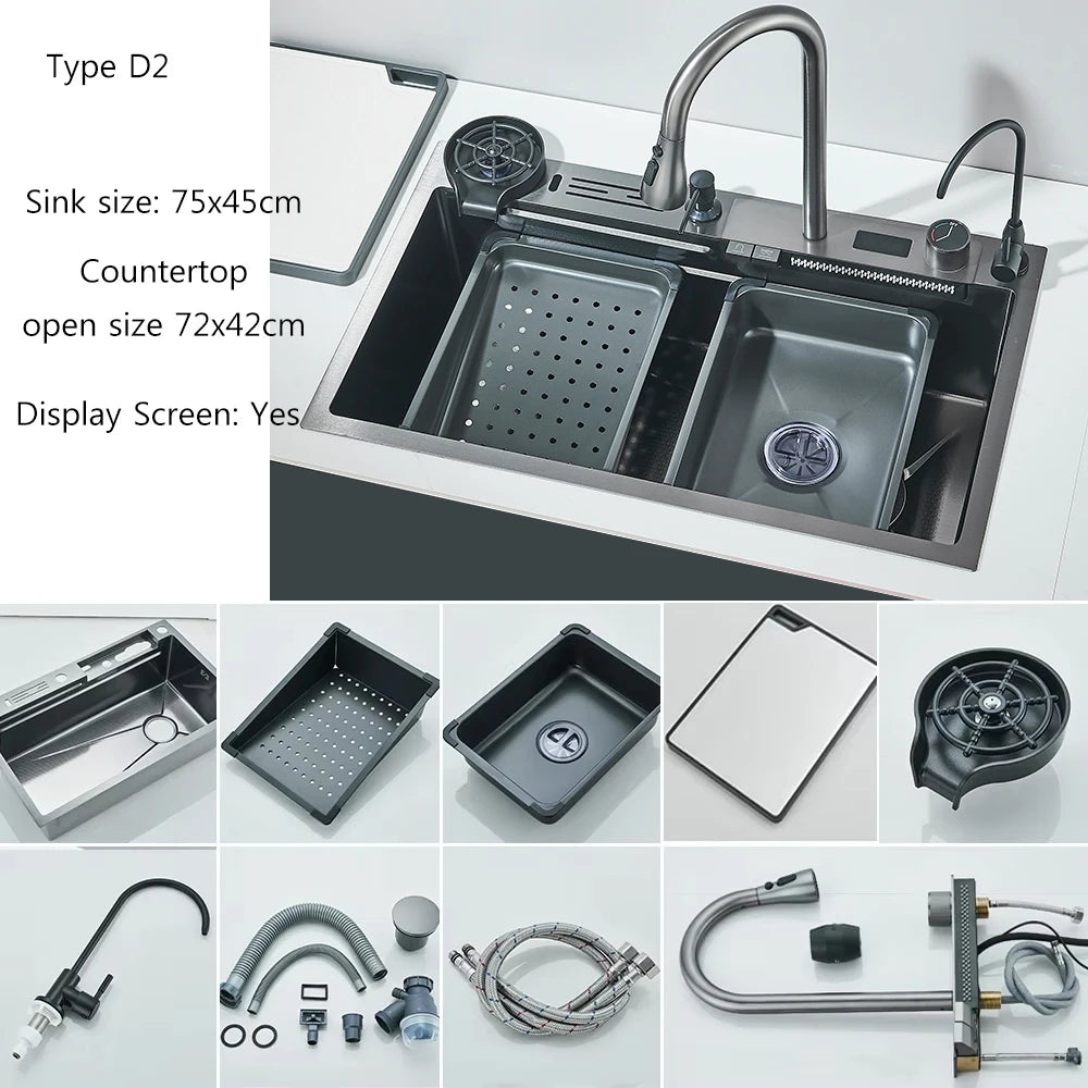Brushed Golden Smart Digital Display Kitchen Sink Set With Waterfall Faucet