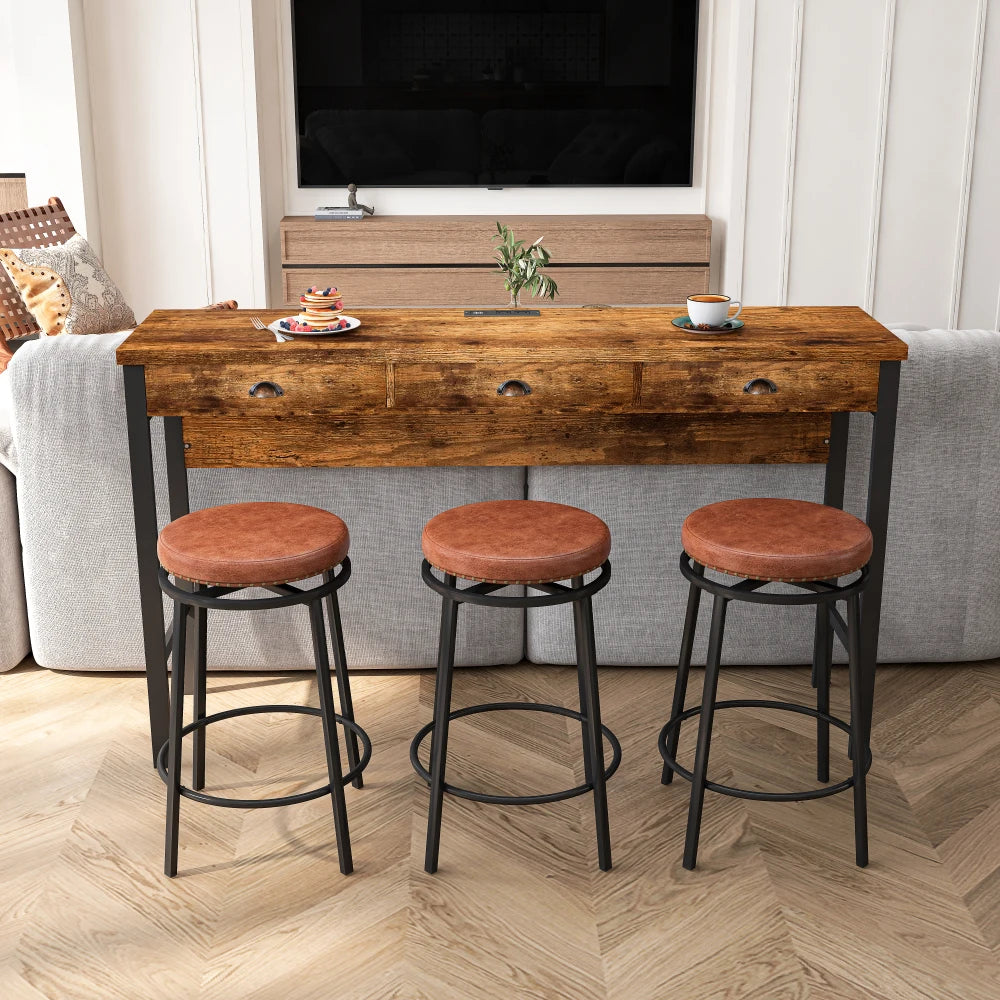 Three Drawer Dining Table Set With Power Outlets And PU Stools