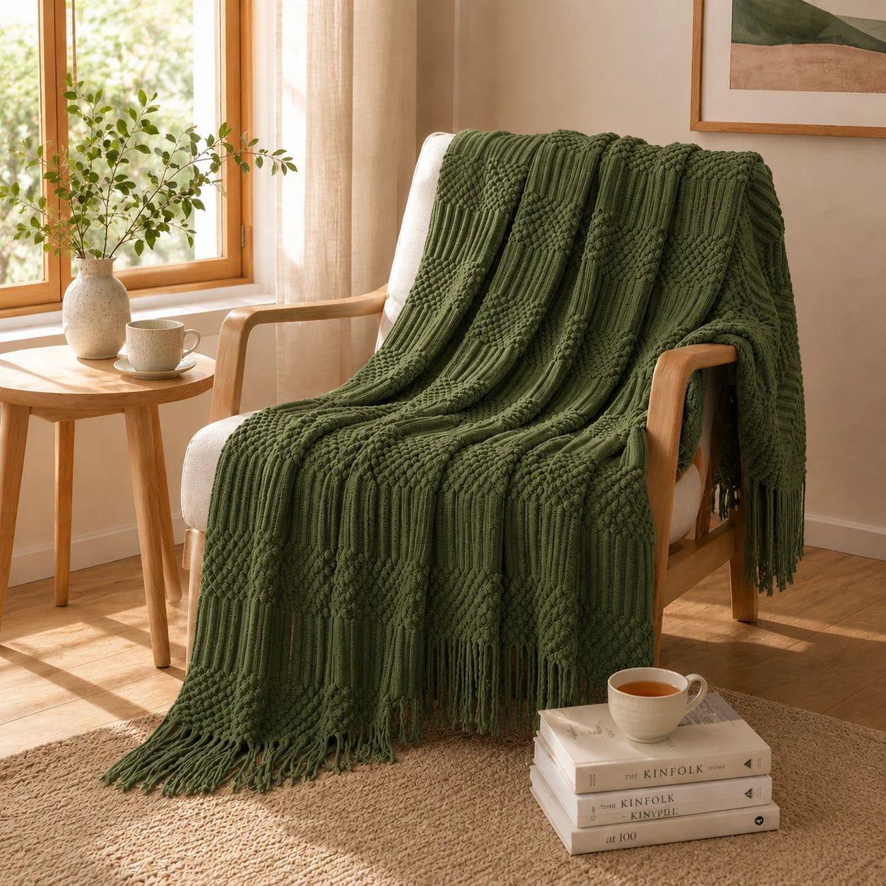 Textured Bobble Diamond Knit Throw Blanket Featuring Tassel Fringe