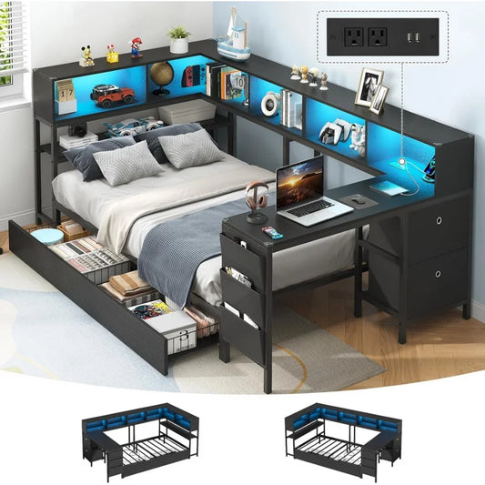 Twin Corner Bed With Desk And Storage Bookcase Deluxe