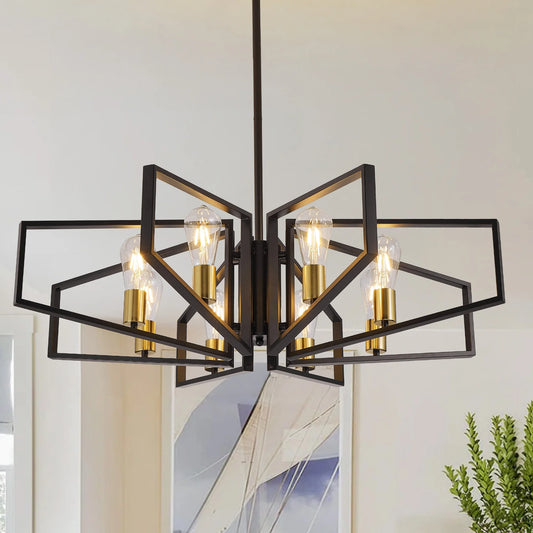 Eight Light Geometric Chandelier With Adjustable Height Metal Pendant