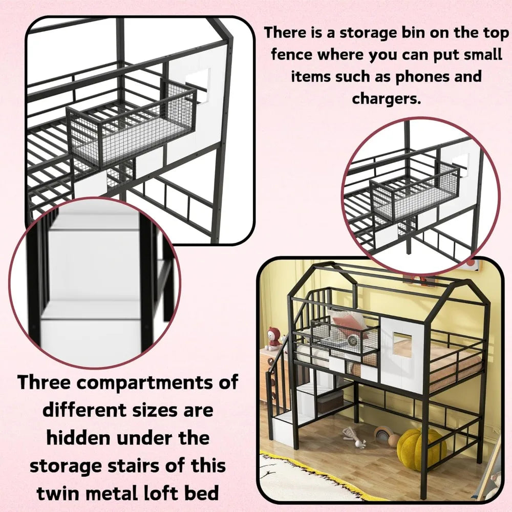 DAFIFY Twin Loft Bed With Stairs And Roof Metal Frame
