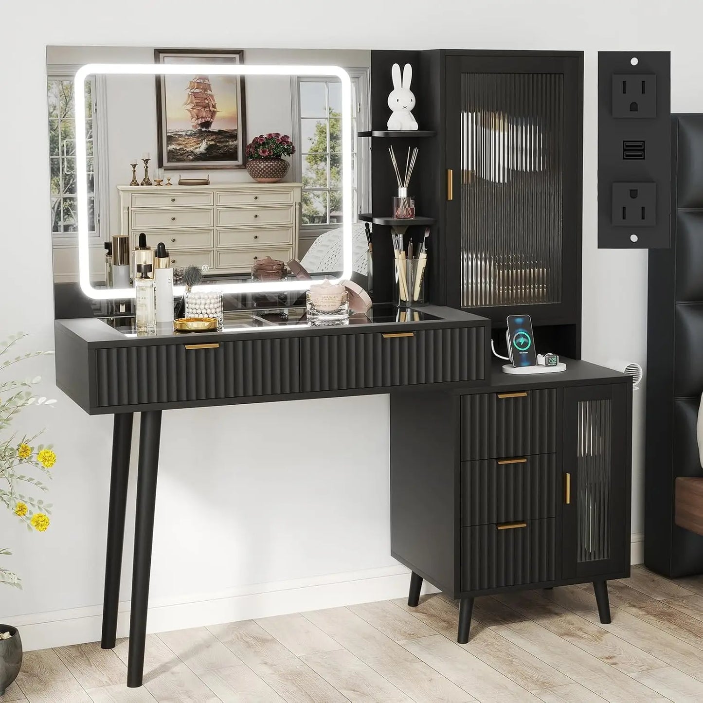 Fluted Boho Vanity Desk With Led Mirror And Charging Station