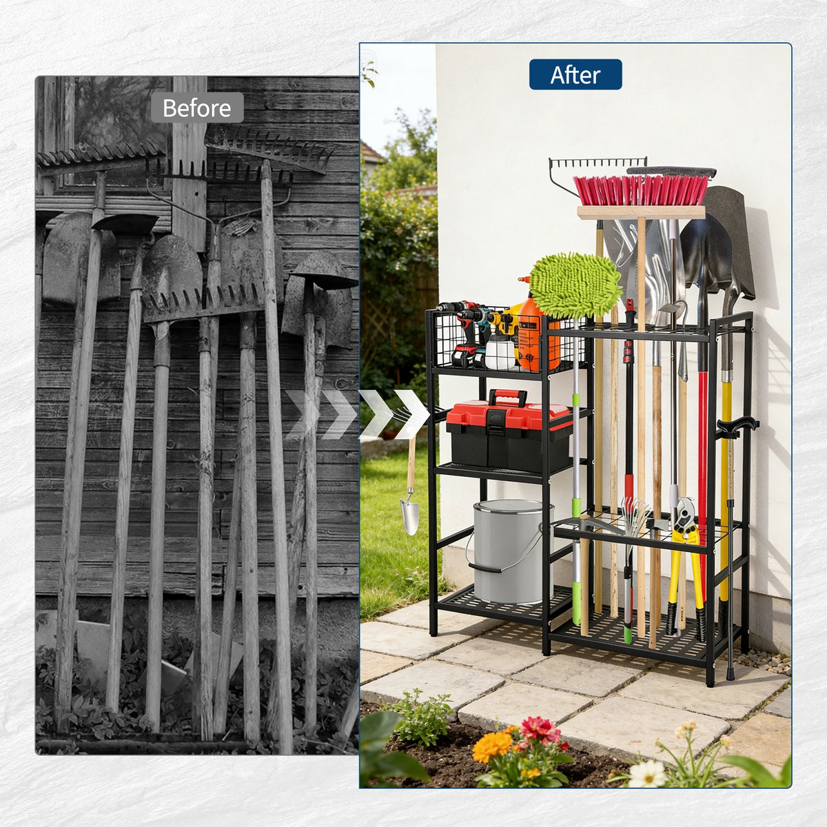 3-Tier Steel Garden Tool Organizer Rack With Shelves and Hooks