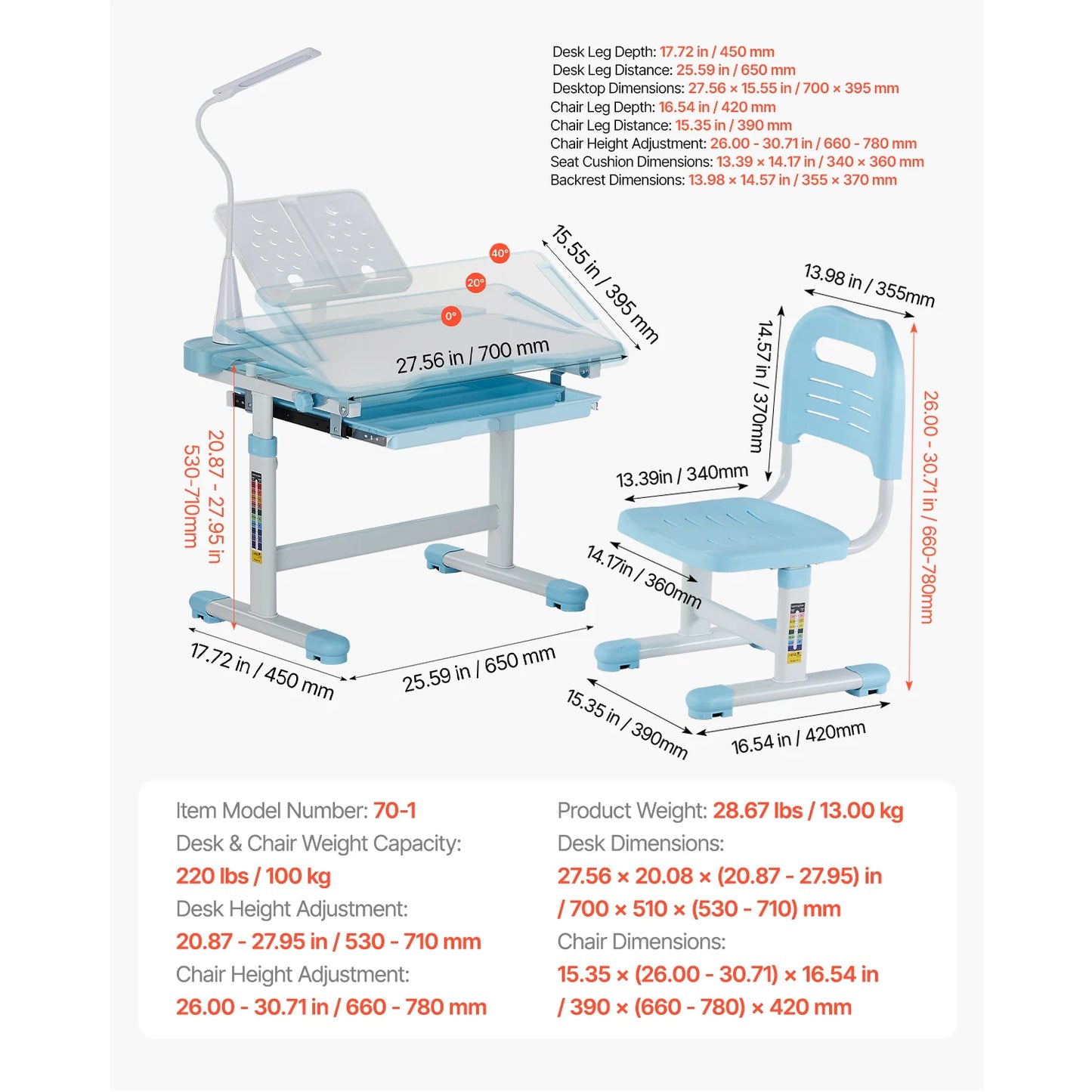 SucceBuy Kids Ergonomic Study Desk And Chair Set With Lamp