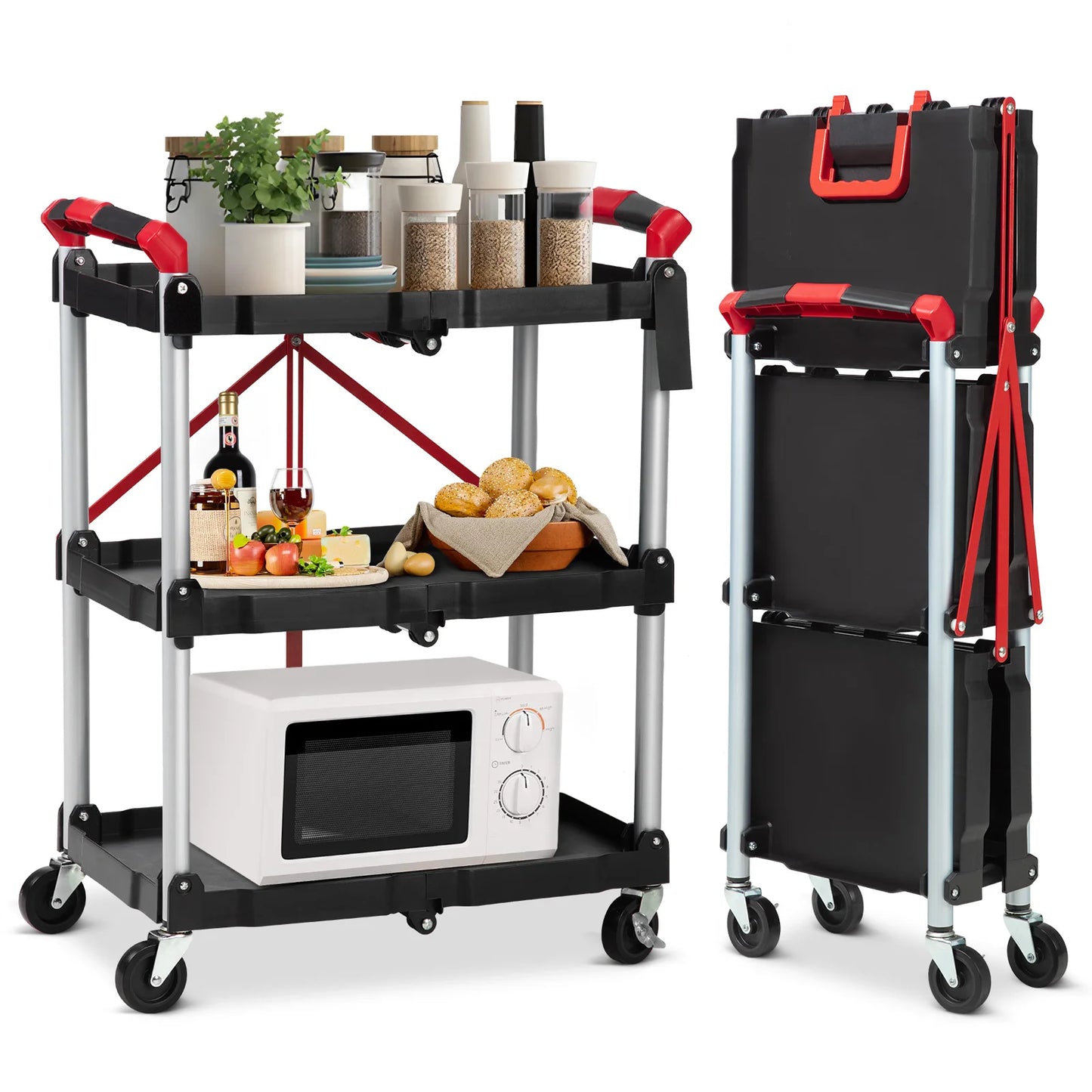 TWISTER.CK Three Tier Foldable Utility Rolling Cart With Locks