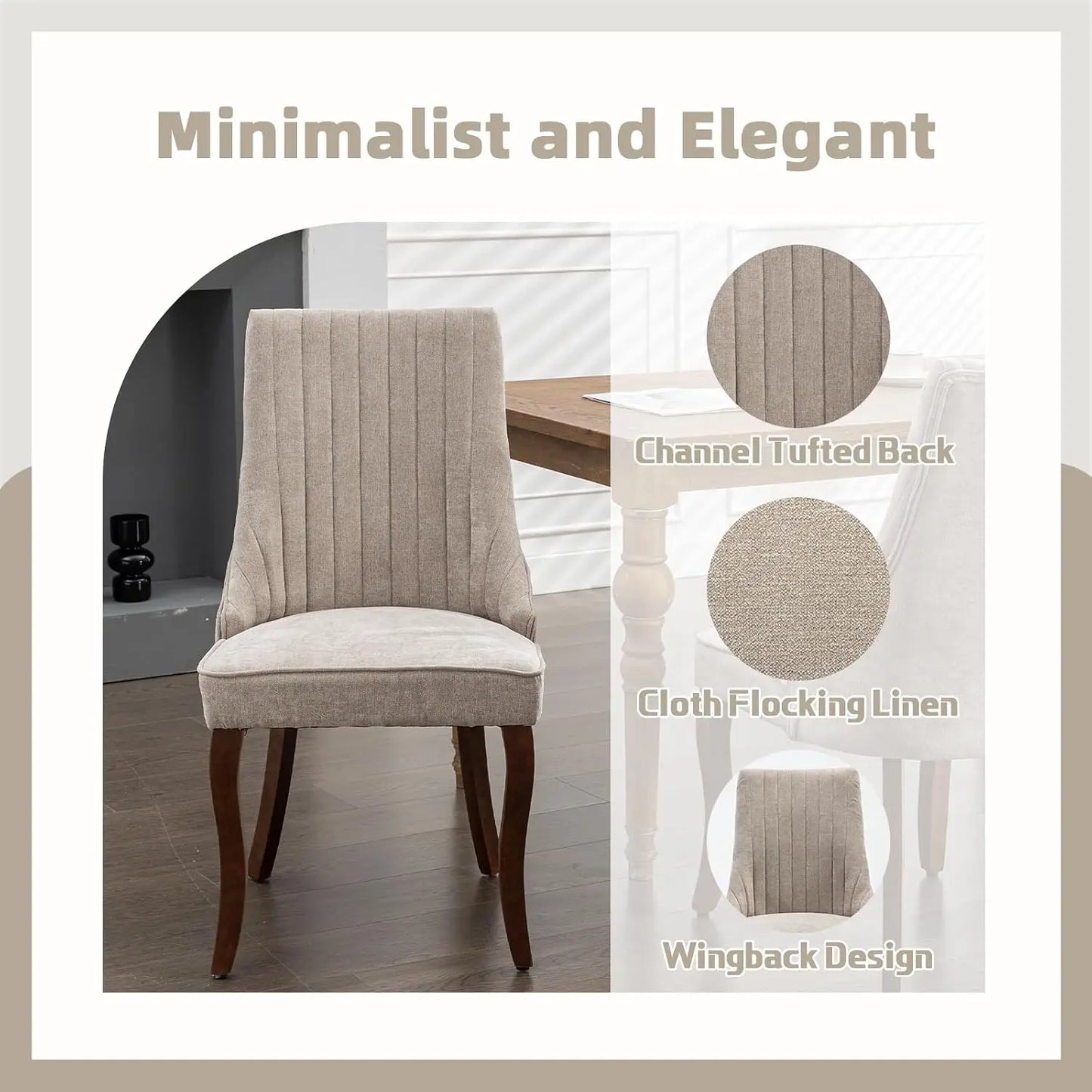 Linen Channel Tufted Dining Chairs With Curved Solid Wood Legs