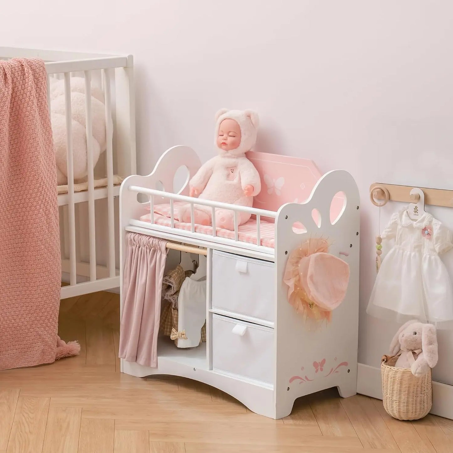 Robotime Wooden Baby Doll Crib Set With Storage Bedding Hooks