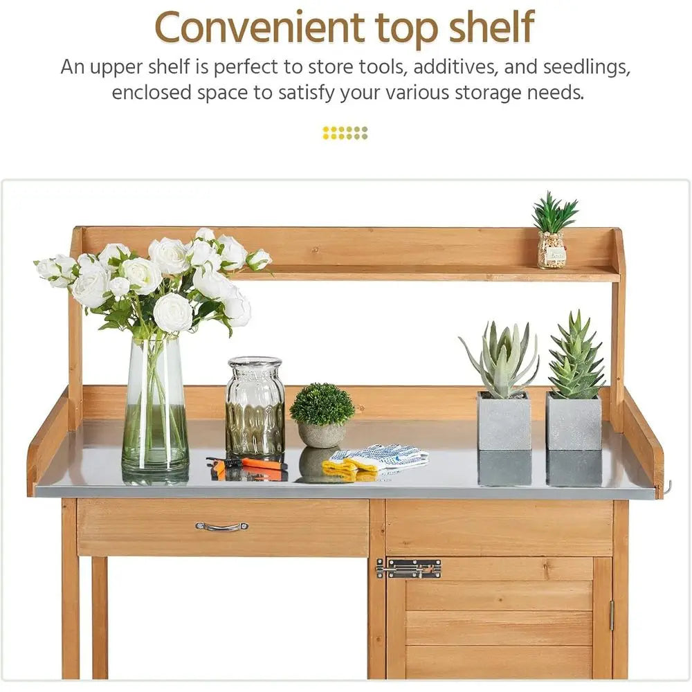 Premium Wooden Outdoor Potting Bench With Metal Top And Cabinets