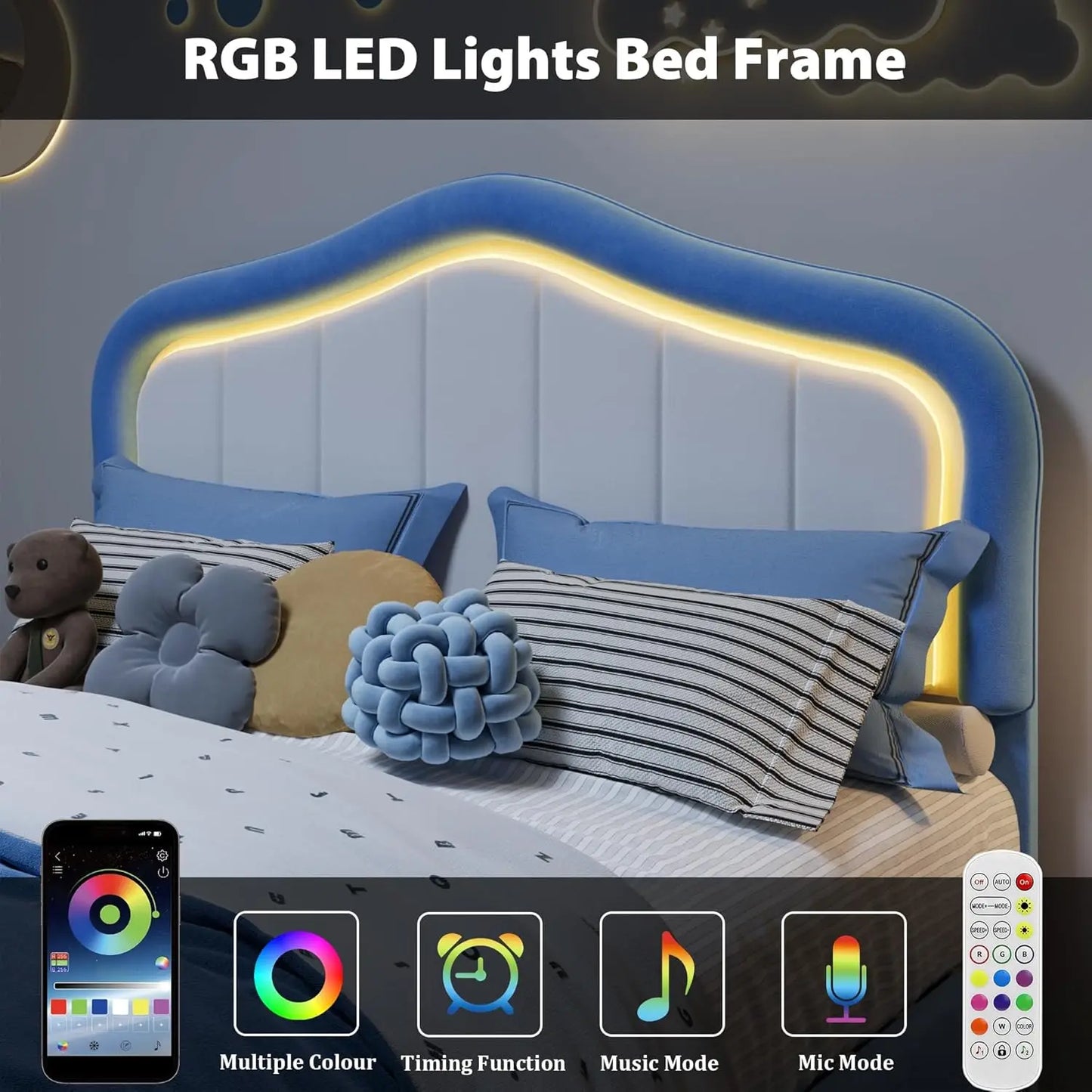 Studyset Kids Velvet Upholstered Bed Frame With LED Crown Headboard
