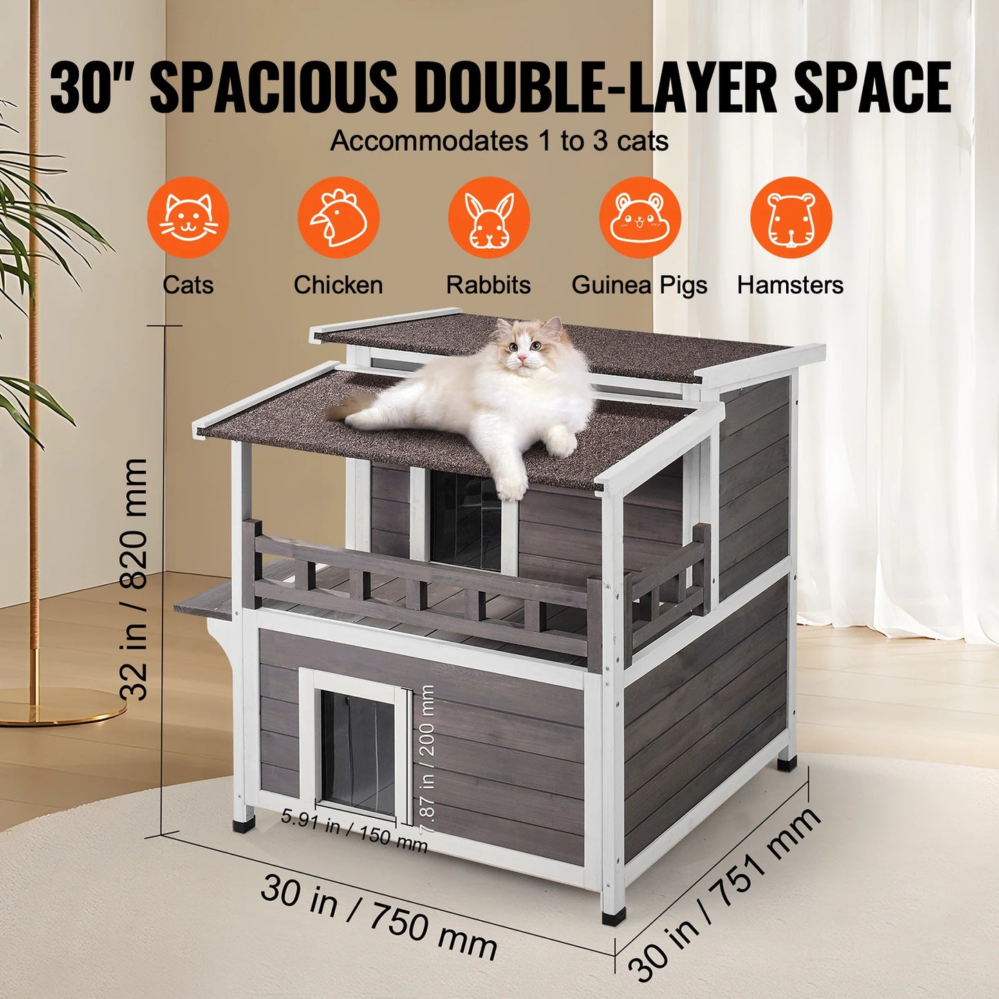 SucceBuy Outdoor Cat House Weatherproof Cedar Shelter With Balcony