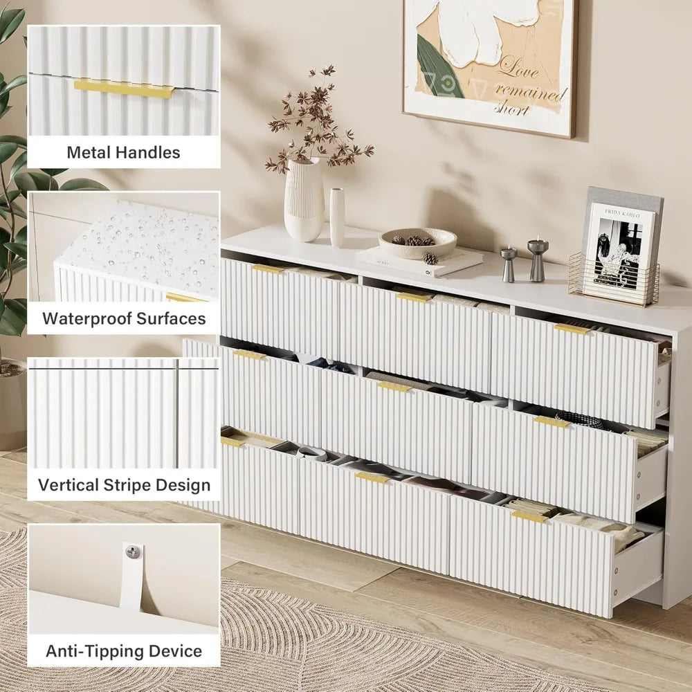Modern 9 Drawer Dresser With Smooth Slides And Gold Handles