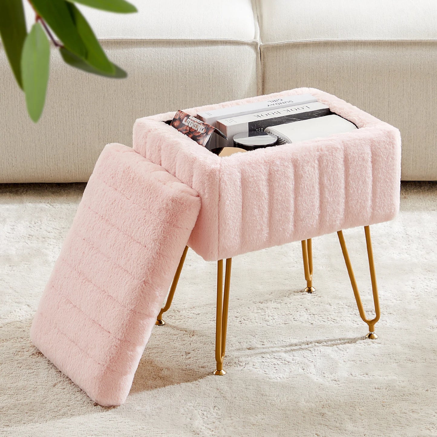JHK Modern Faux Fur Storage Ottoman With Metal Legs