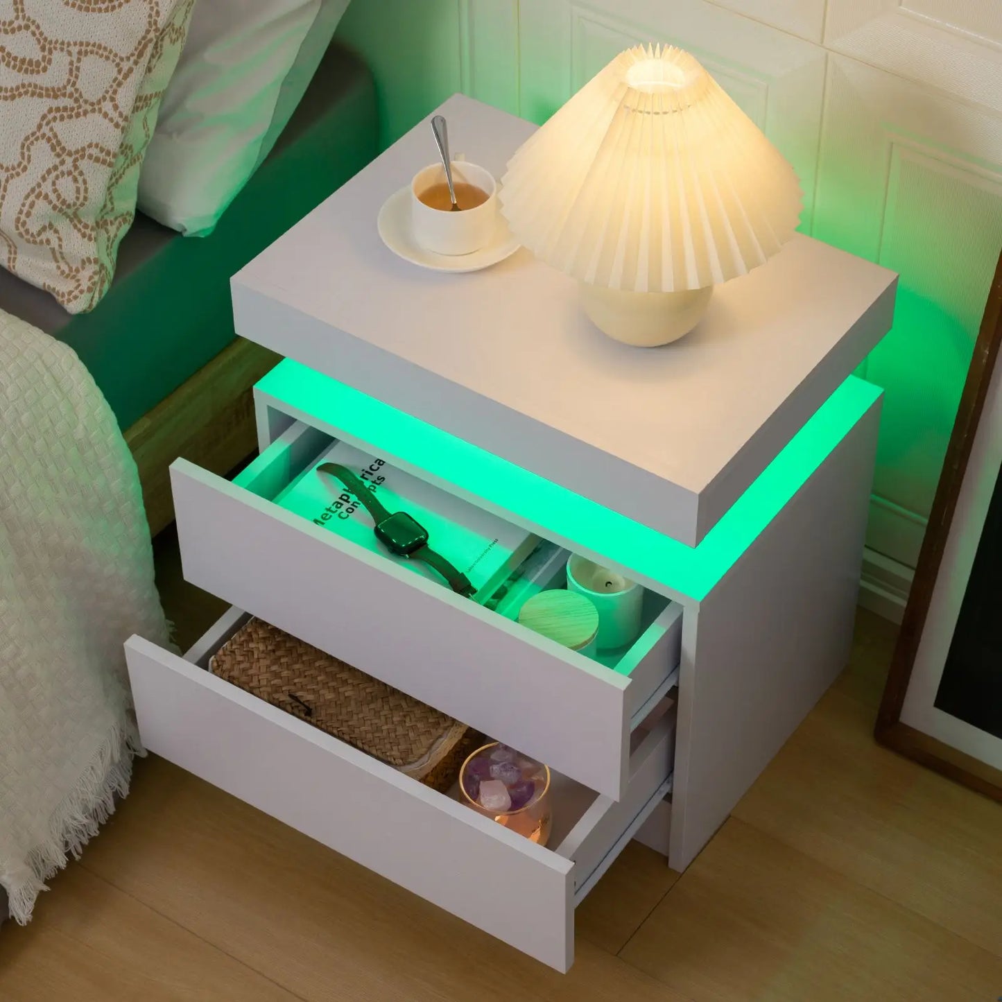 Cubehom LED Nightstand With 2 Drawers And RGB Accent Lighting