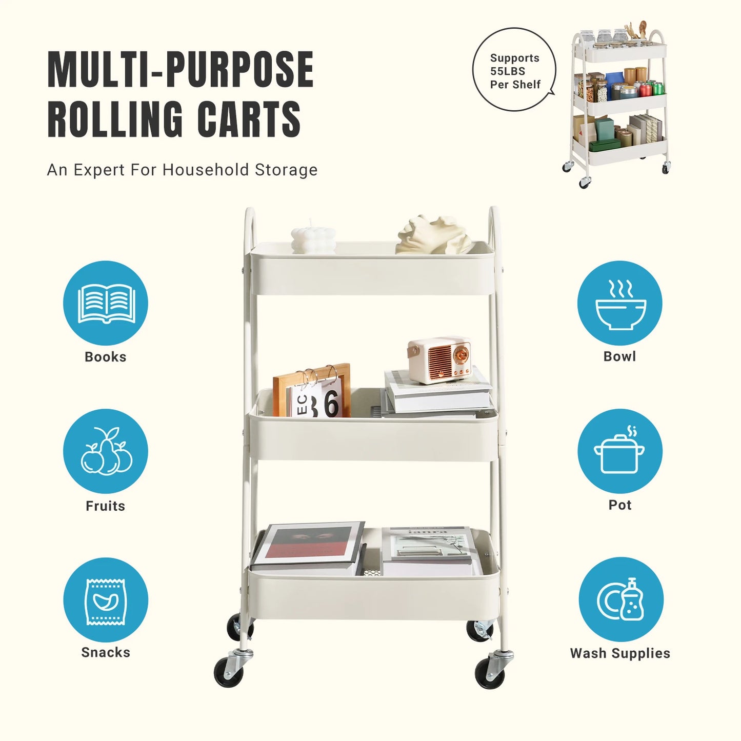 JHK Rolling Storage Cart With Lockable Wheels For Home Office
