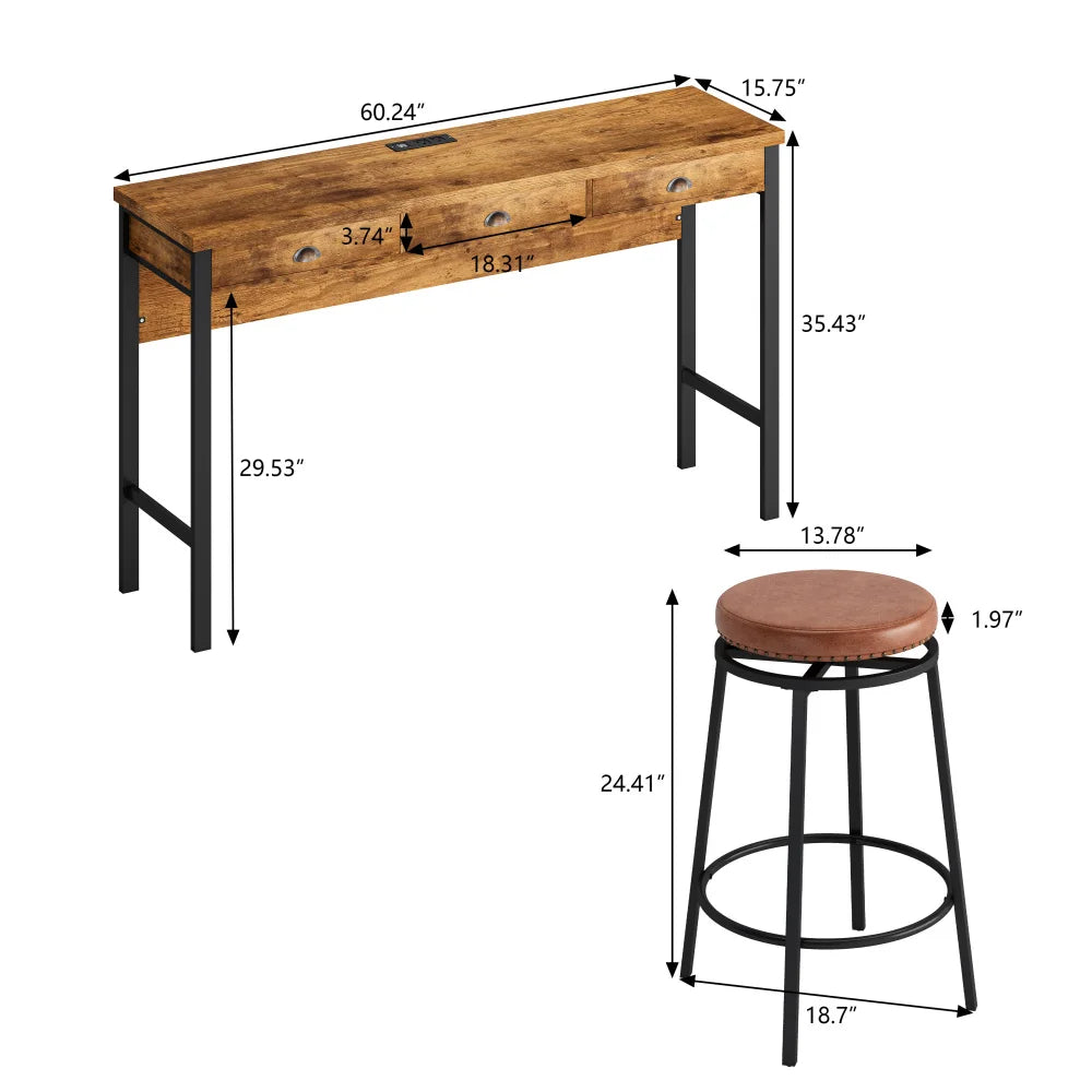 Three Drawer Dining Table Set With Power Outlets And PU Stools