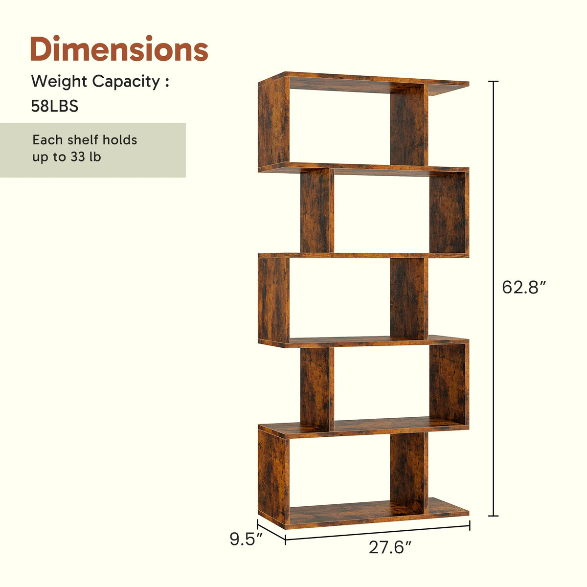 JHK Geometric S Shaped Five Tier Wooden Display Bookshelf