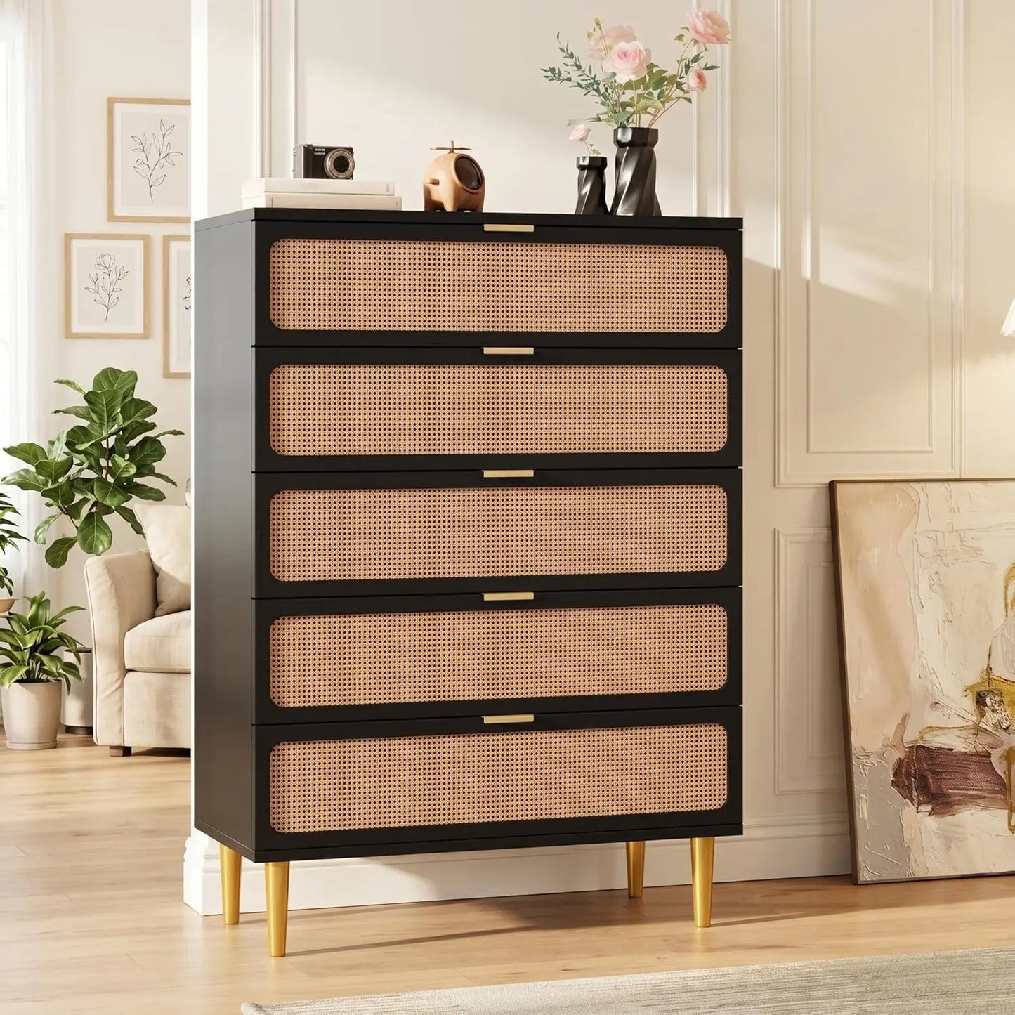 Natural Rattan Woven Five Drawer Wooden Bedroom Dresser