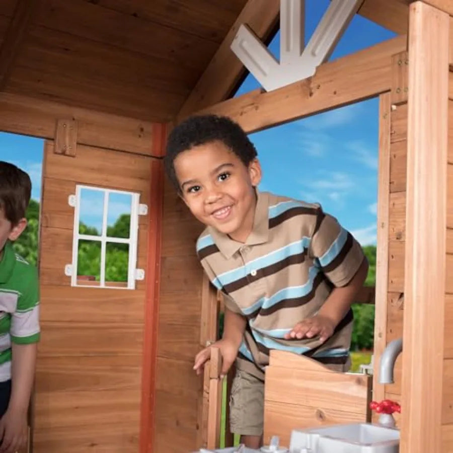 Mdng Outdoor Kids Cedar Playhouse With Kitchen And Deck