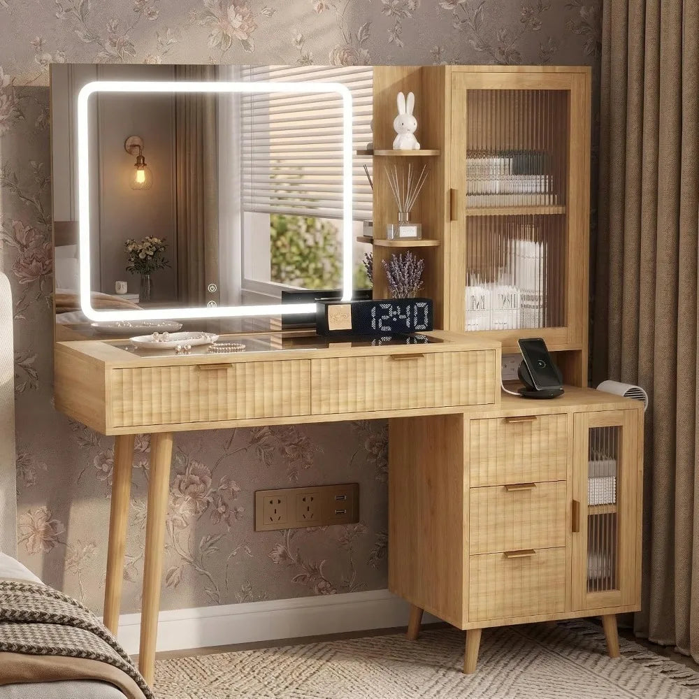 Fluted Boho Vanity Desk With Led Mirror And Charging Station