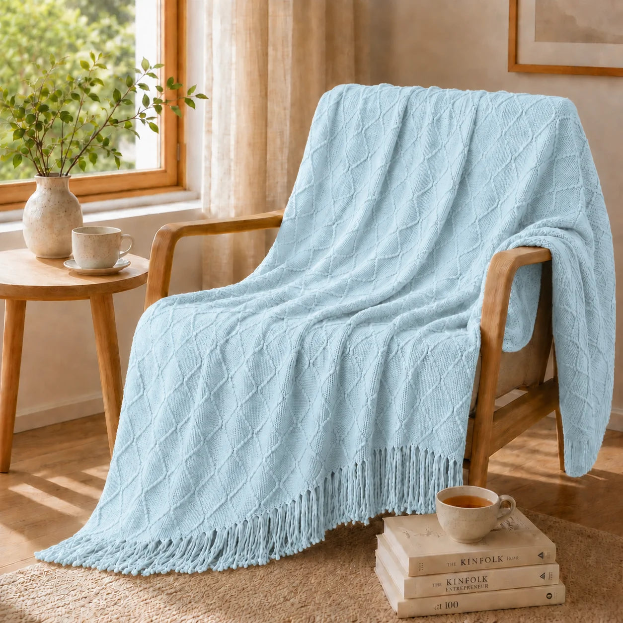 Textured Bobble Diamond Knit Throw Blanket Featuring Tassel Fringe