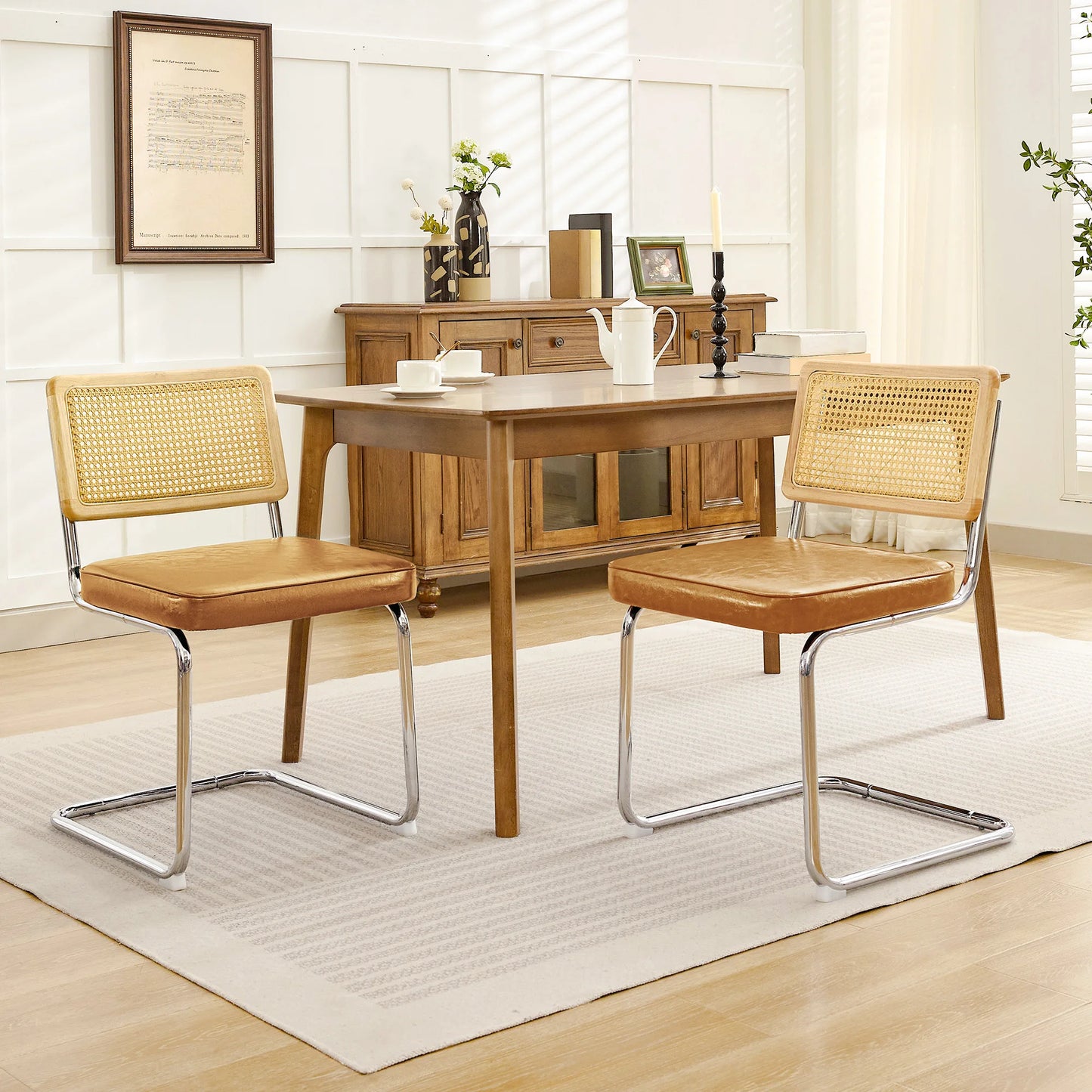 KERDOM Mid Century Rattan Dining Chair Set Chrome PU Seating