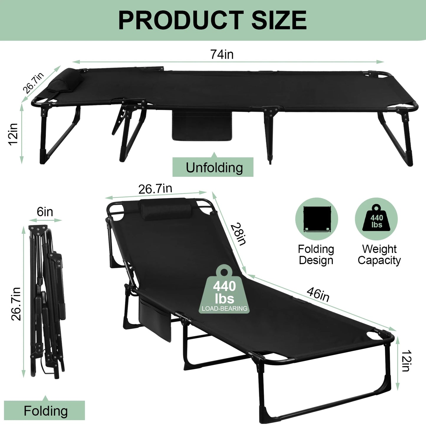 Portable Folding Outdoor Reclining Camping Cot With Pillow