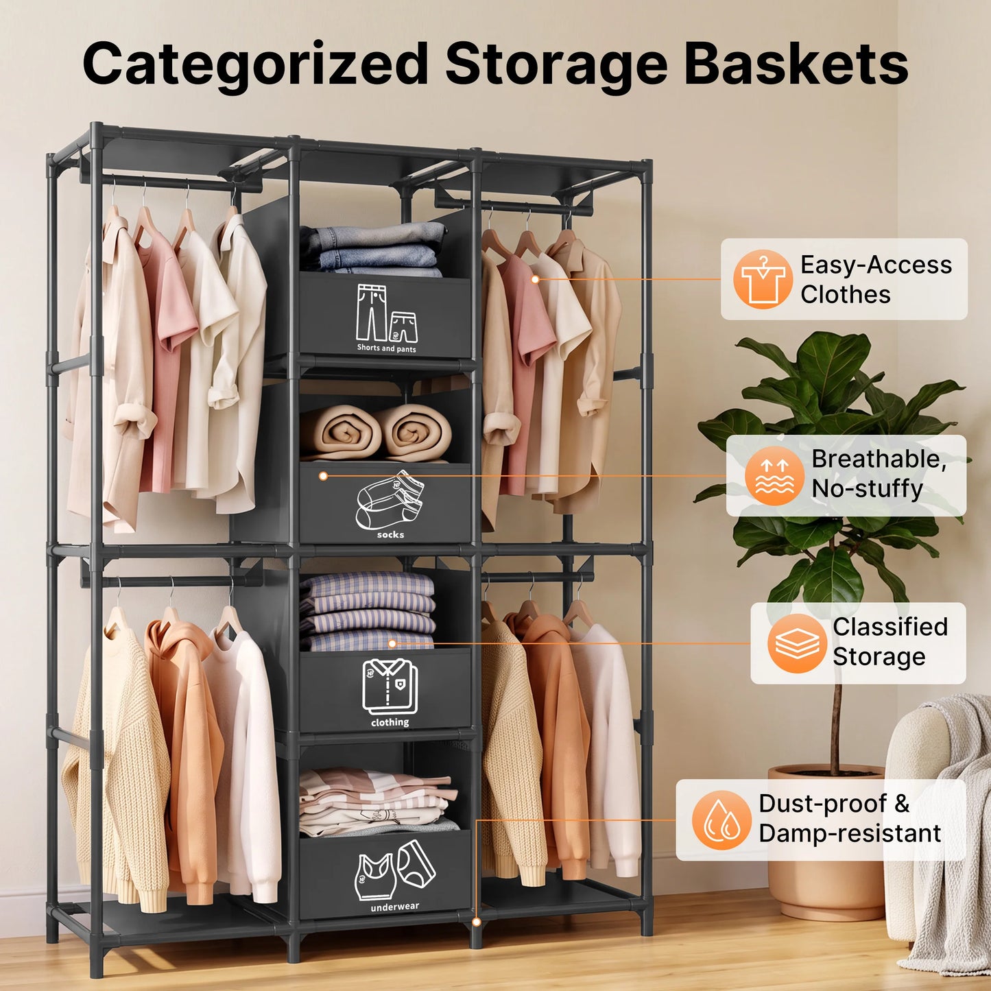 Heavy Duty Freestanding Metal Wardrobe Closet Storage Rack With Drawers