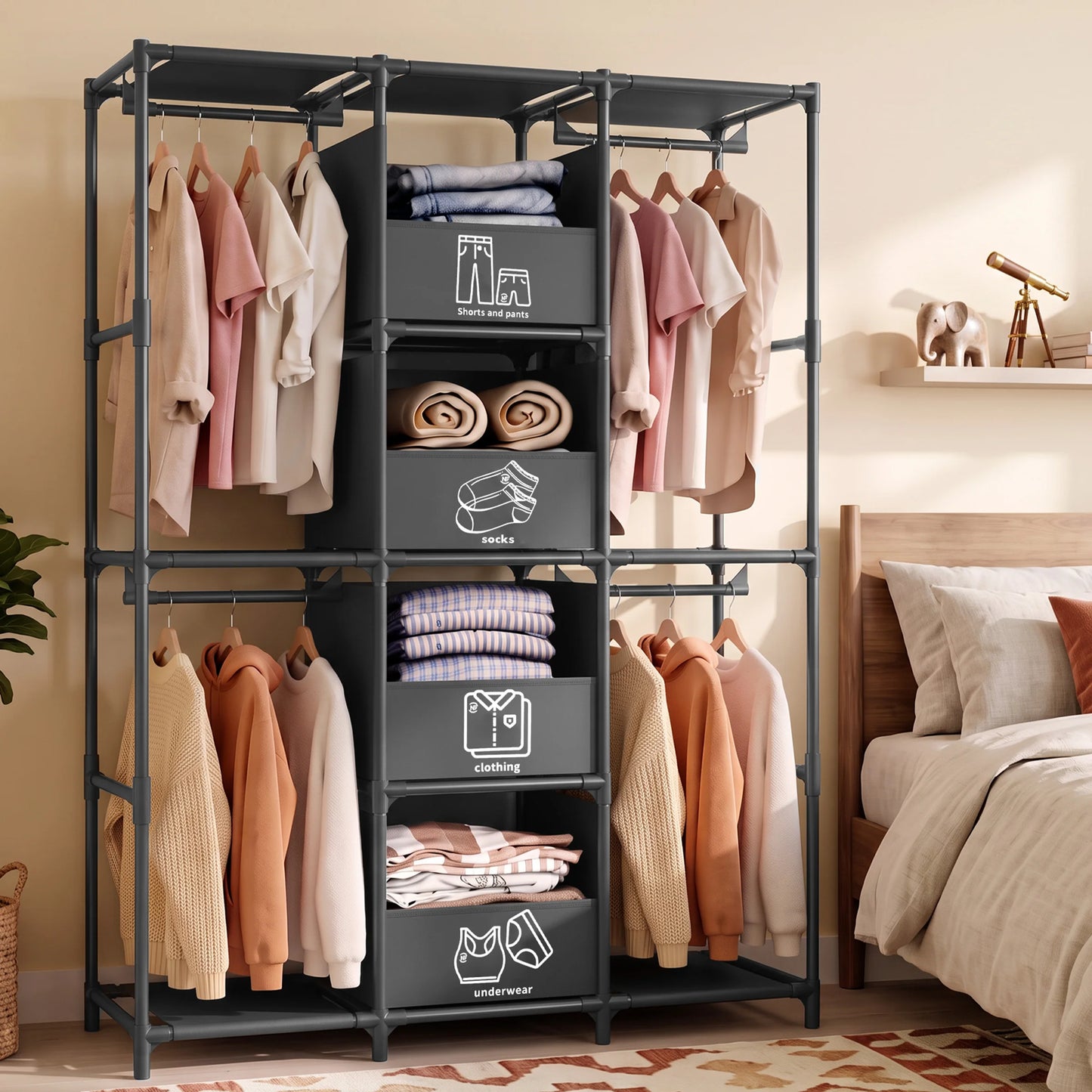 Heavy Duty Freestanding Metal Wardrobe Closet Storage Rack With Drawers