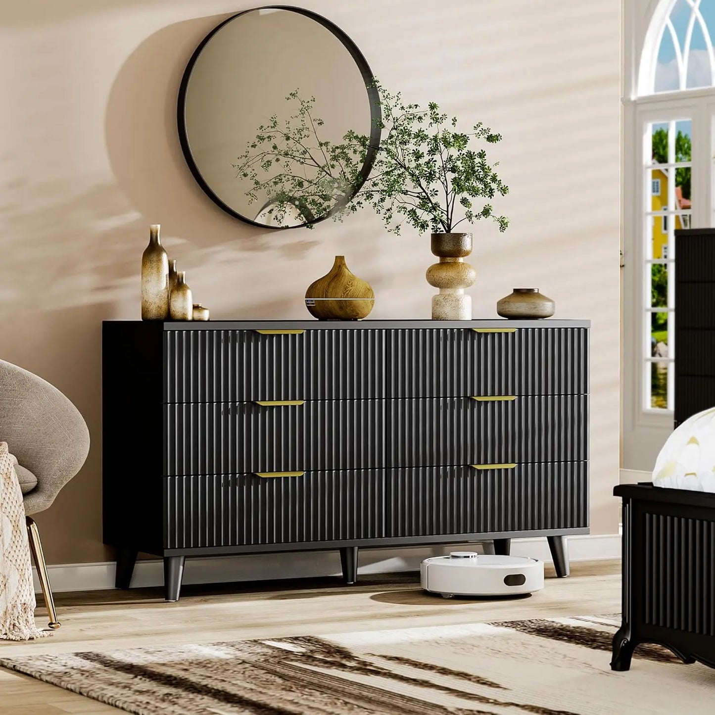 Wood Dresser for Bedroom Fluted Modern Chest of Drawers 6 Drawers