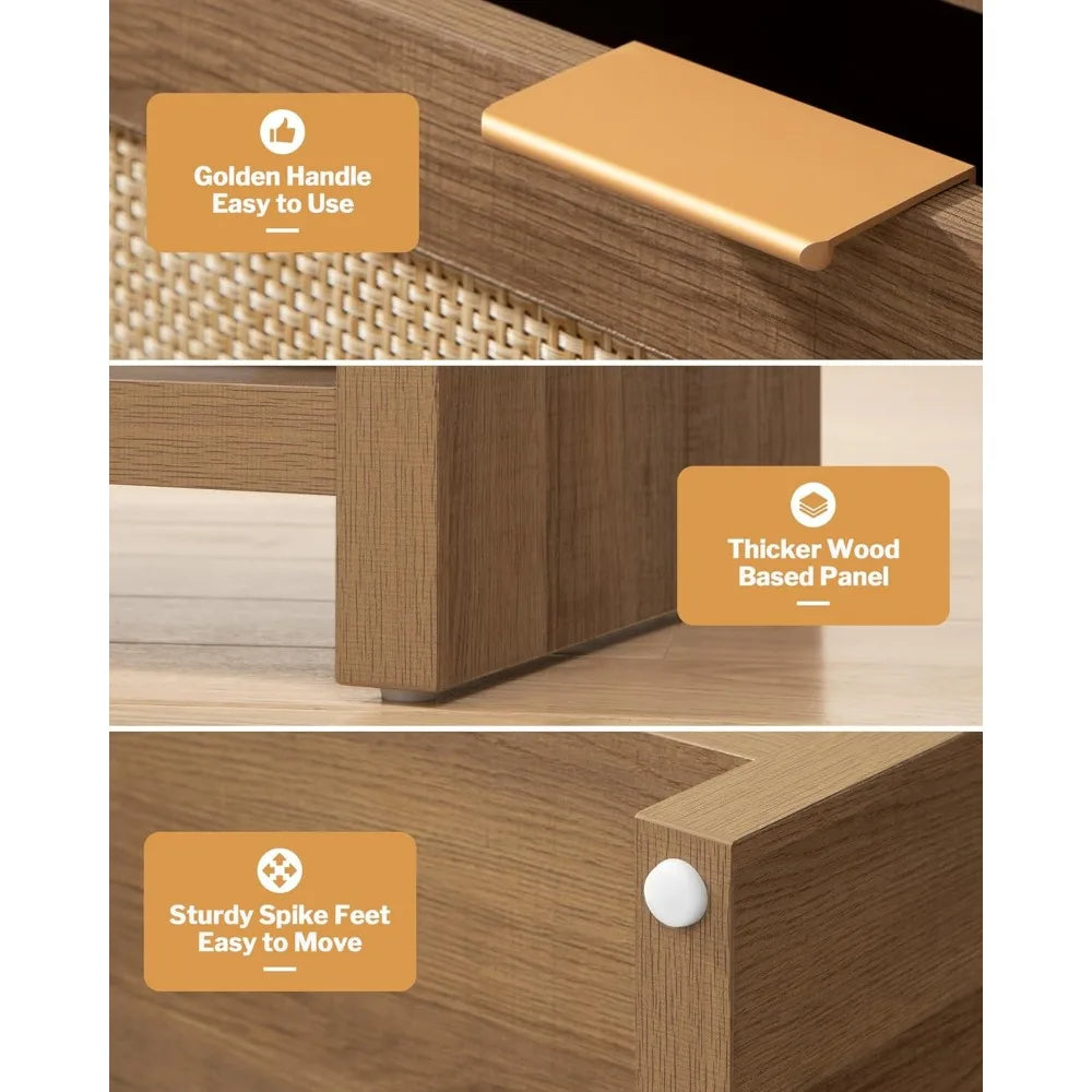 RBXC Rattan Nightstand Set Of 2 With Type C Charging