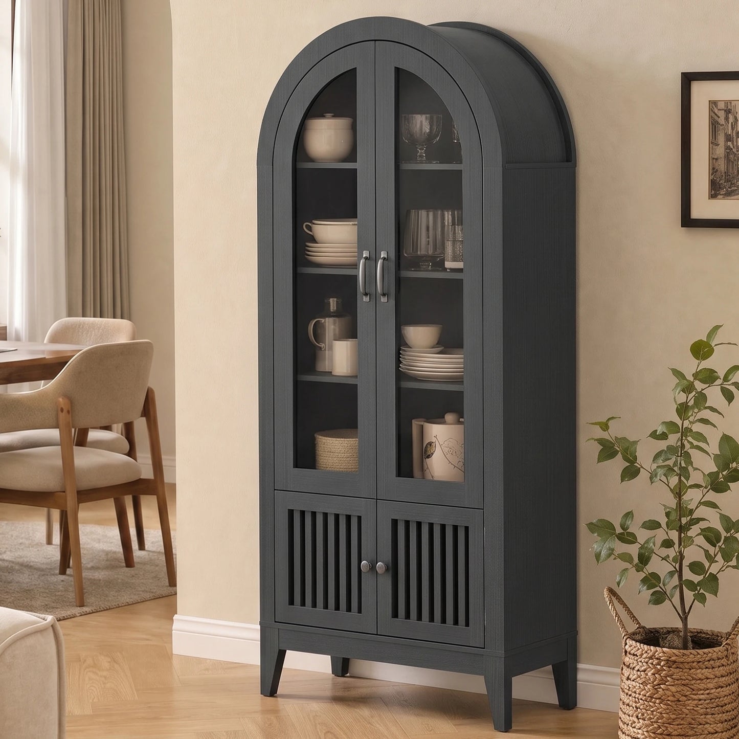 TCGBKAF Modern Farmhouse Arched Display Cabinet With Adjustable Wooden Shelves