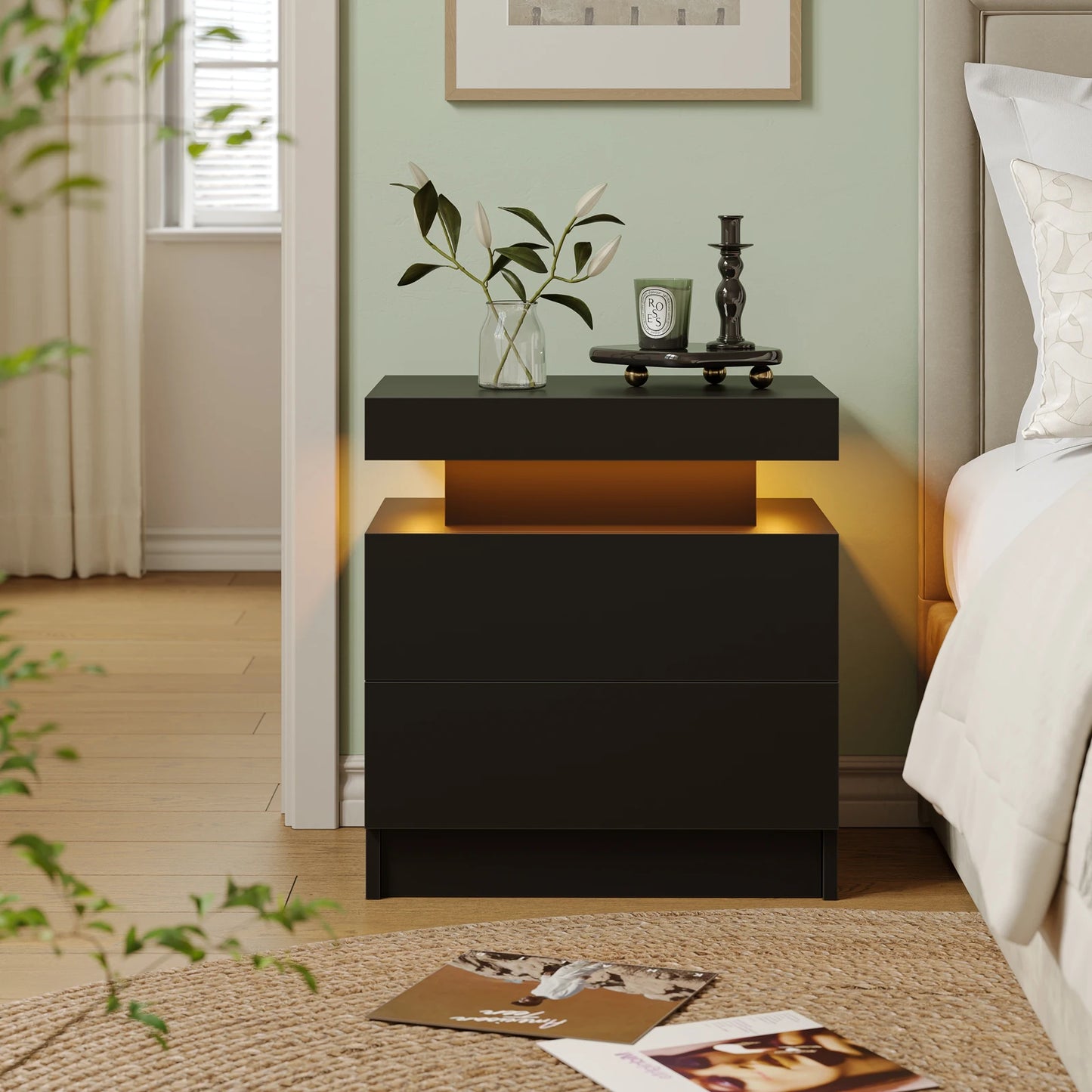 Cubehom LED Nightstand With 2 Drawers And RGB Accent Lighting