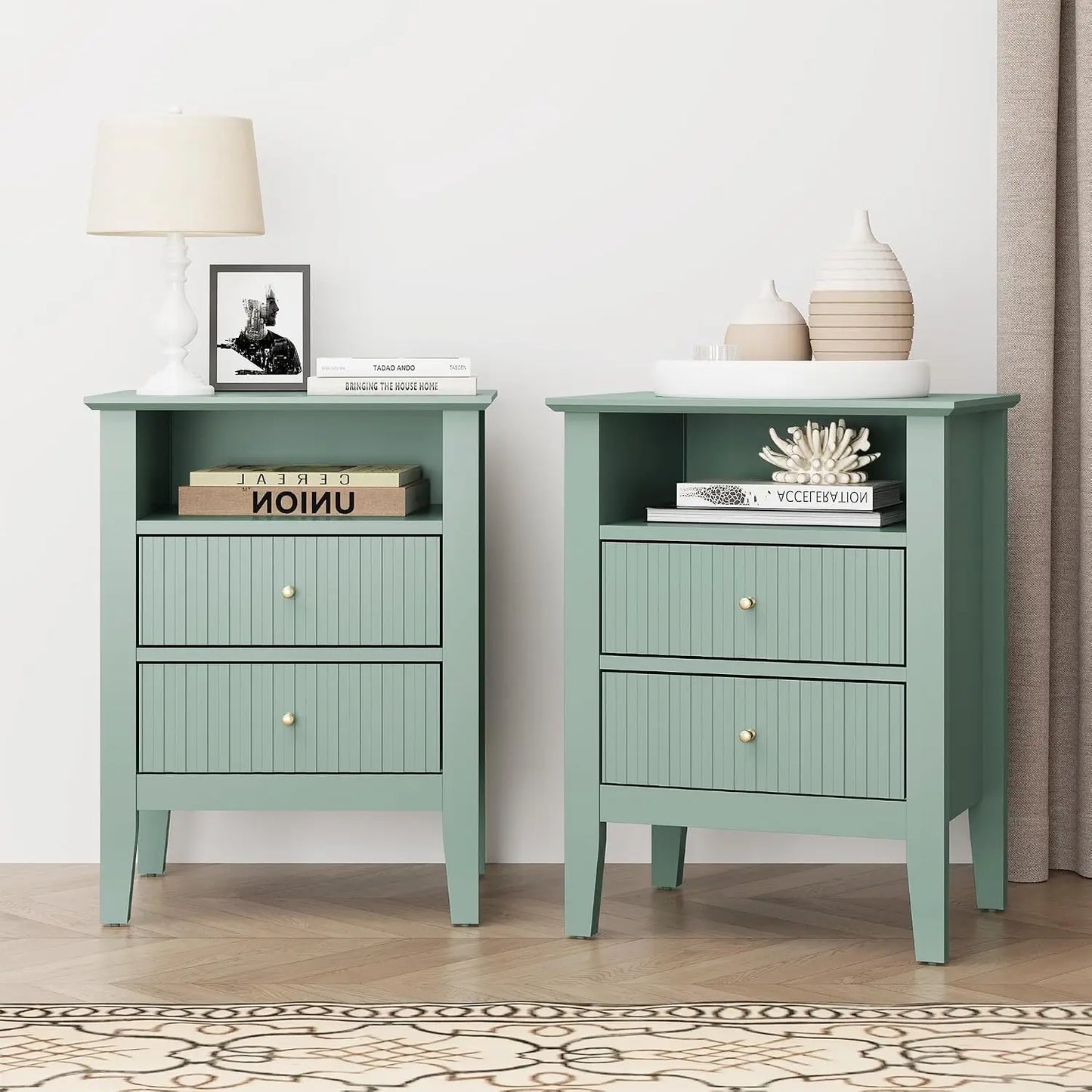 Contemporary Fluted Nightstand Set With Charging Station And Storage Shelf