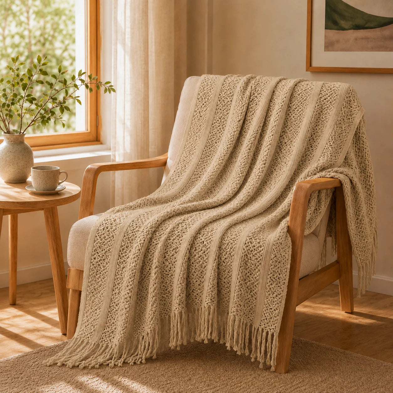 Textured Bobble Diamond Knit Throw Blanket Featuring Tassel Fringe