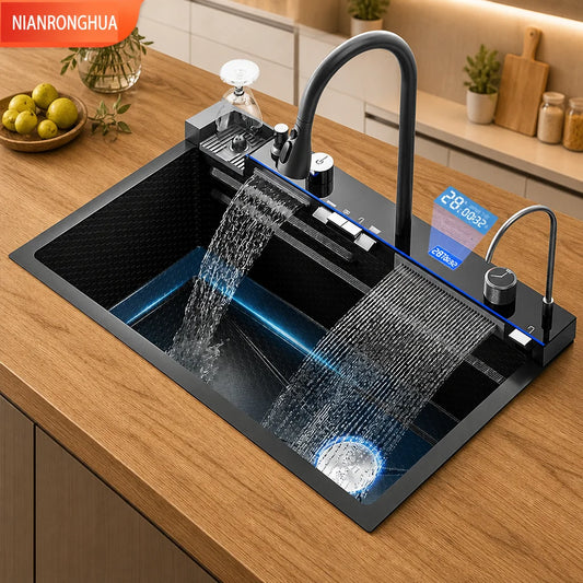 Nianronghua Stainless Steel Kitchen Sink With Digital Display Waterfall Faucet