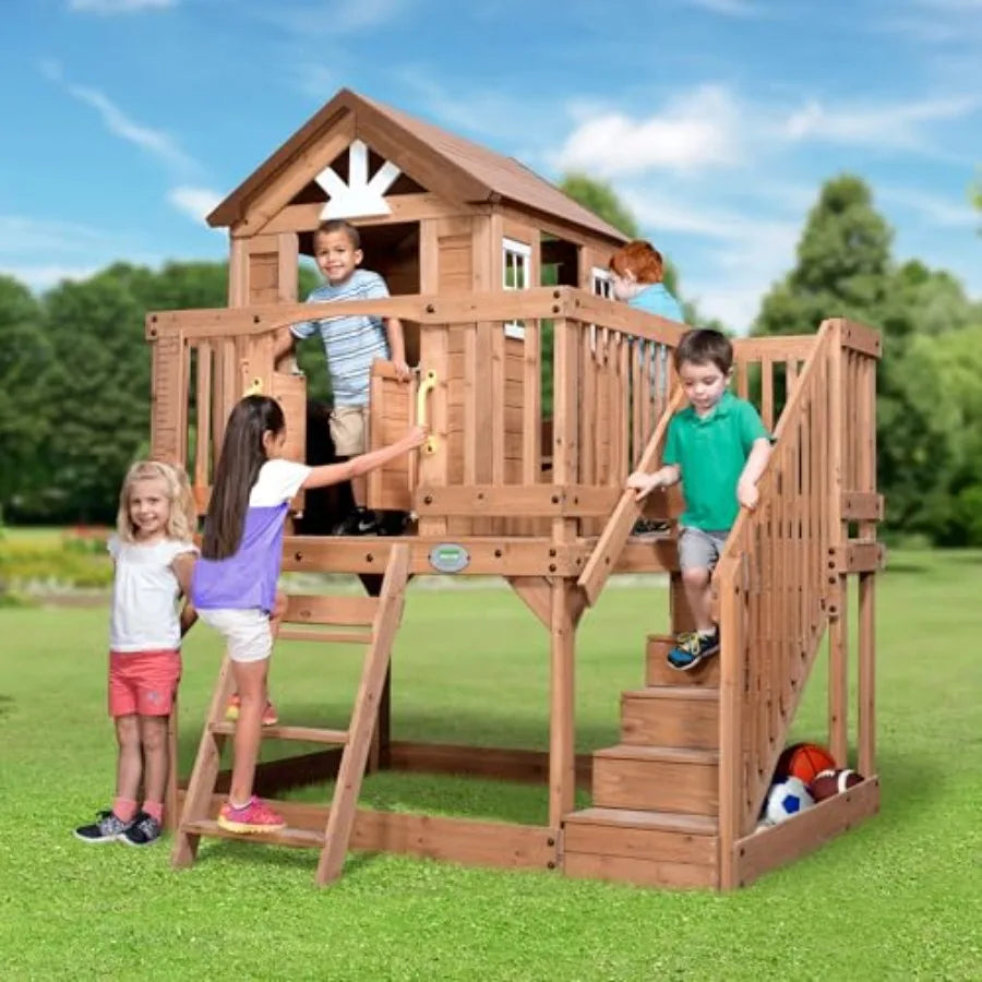 Mdng Outdoor Kids Cedar Playhouse With Kitchen And Deck