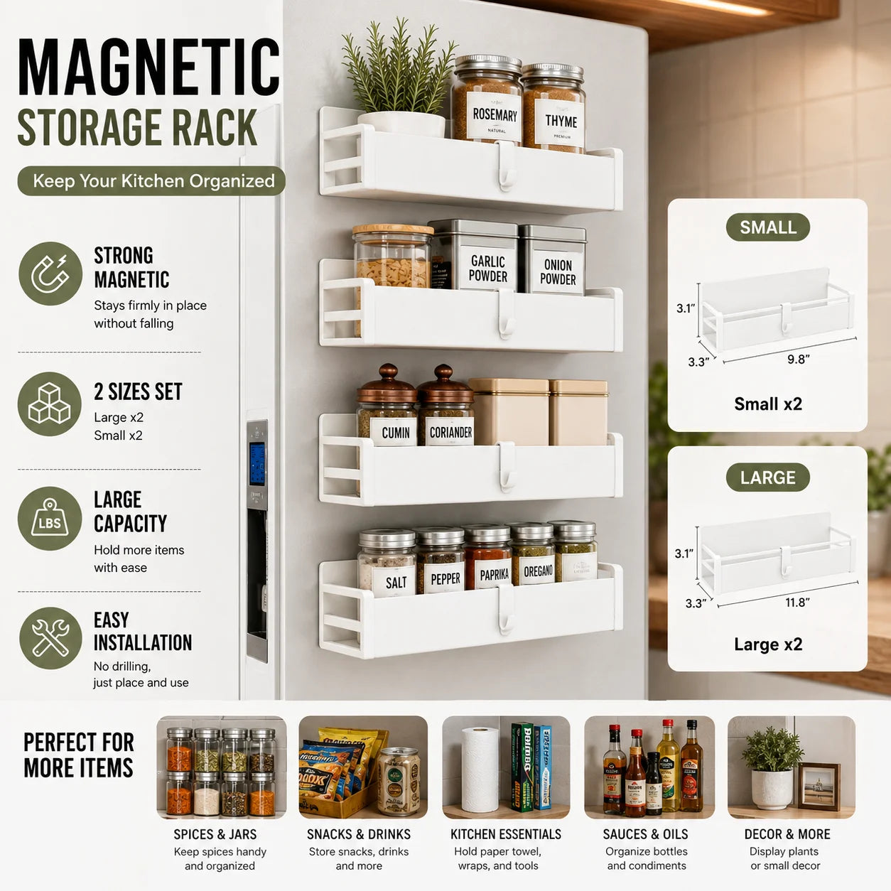 Magnetic Stainless Steel Fridge Spice Rack Organizer Set With Hooks
