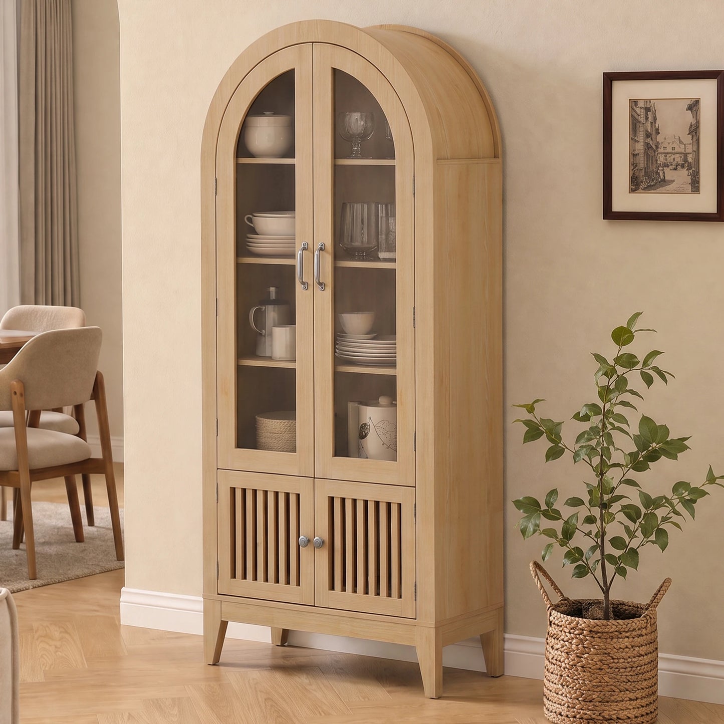 TCGBKAF Modern Farmhouse Arched Display Cabinet With Adjustable Wooden Shelves