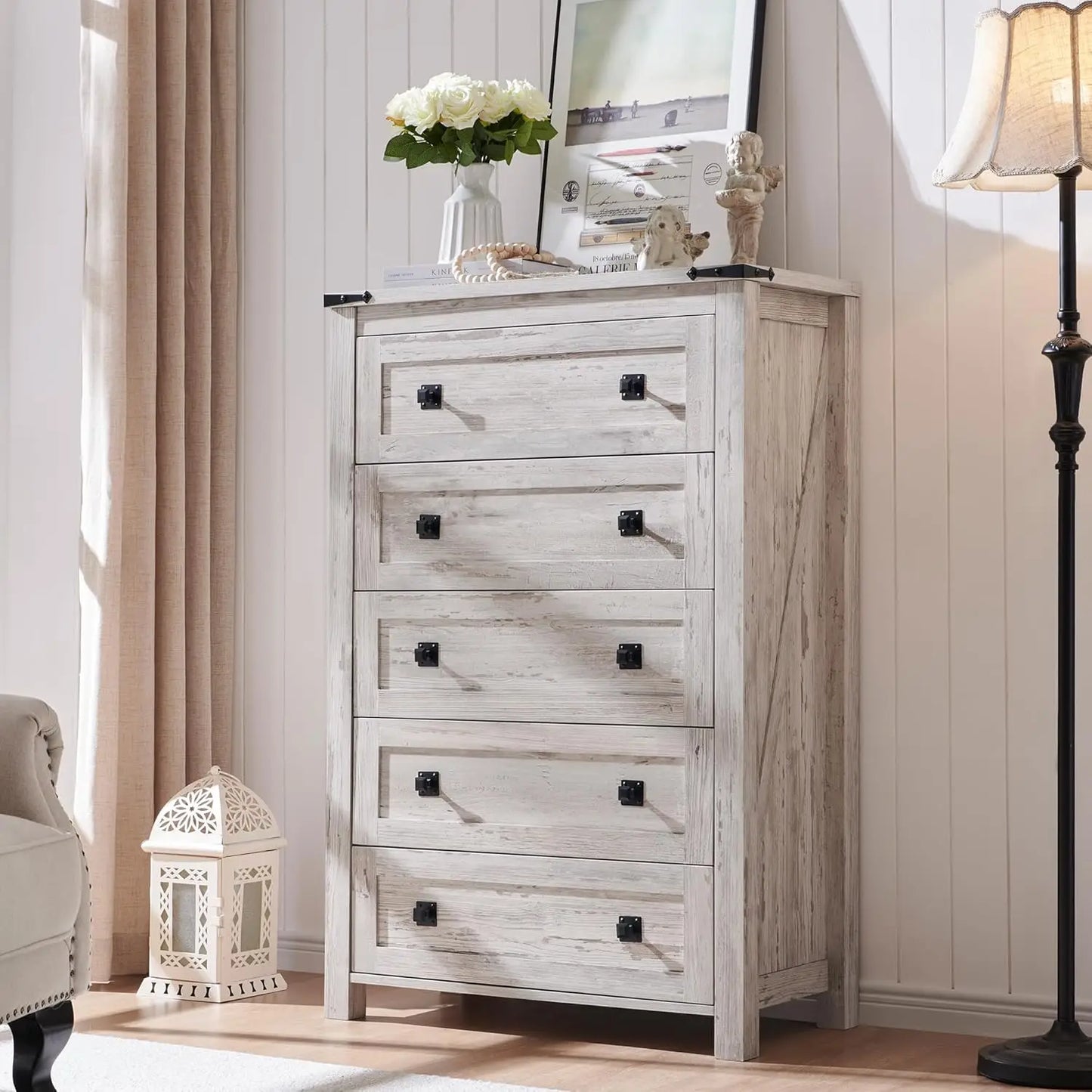 Farmhouse 5 Drawer Dresser In Rustic Wood For Bedroom