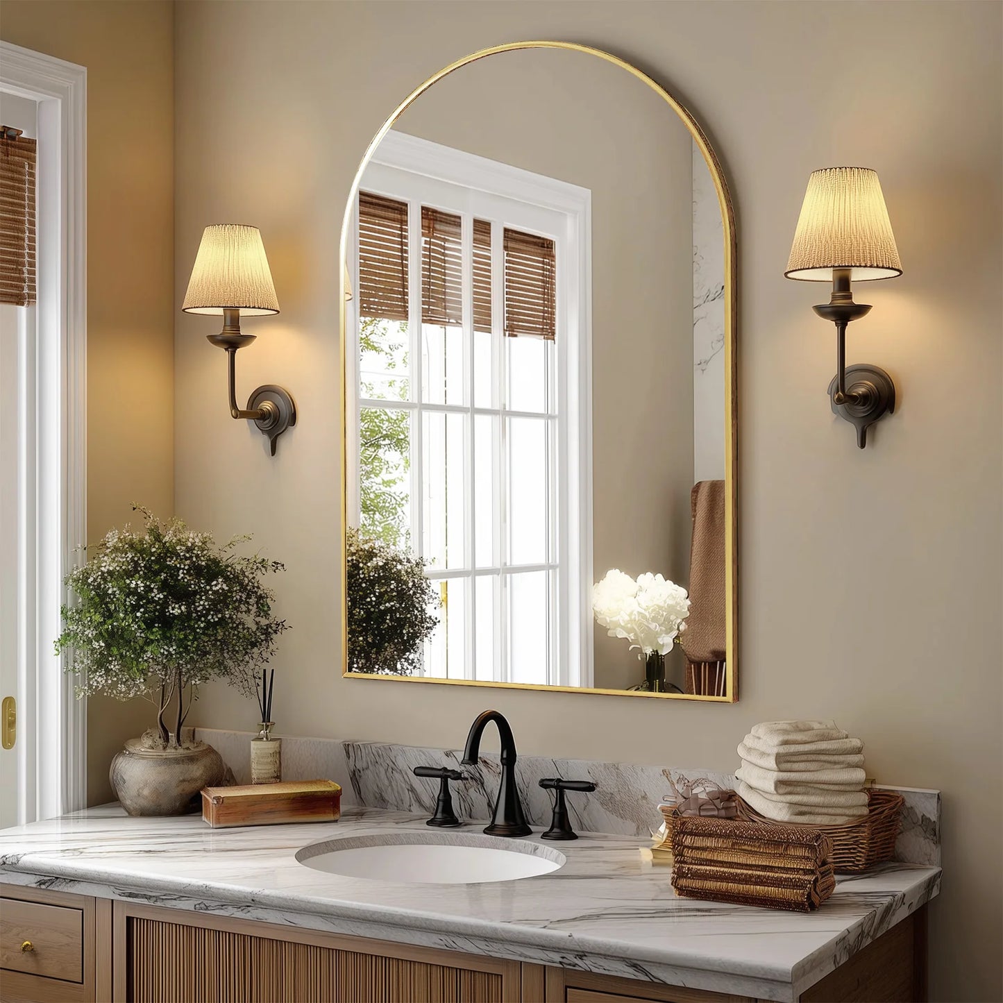 JHK Arched Metal Framed Wall Mirror Modern Home Decor